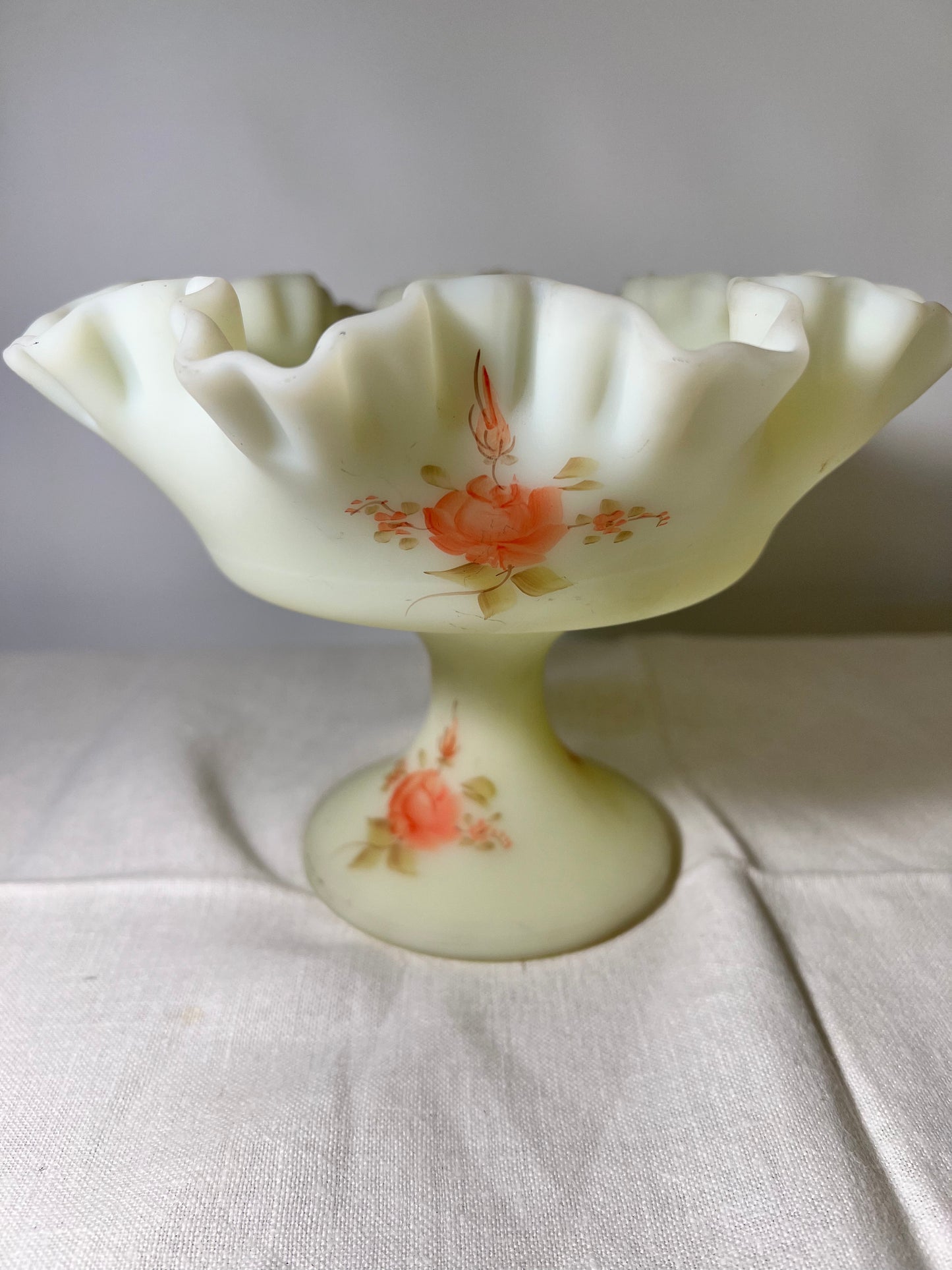 Uranium -Fenton -Burmese Satin- Hand-painted- Rose pattern- Pedestal Compote 