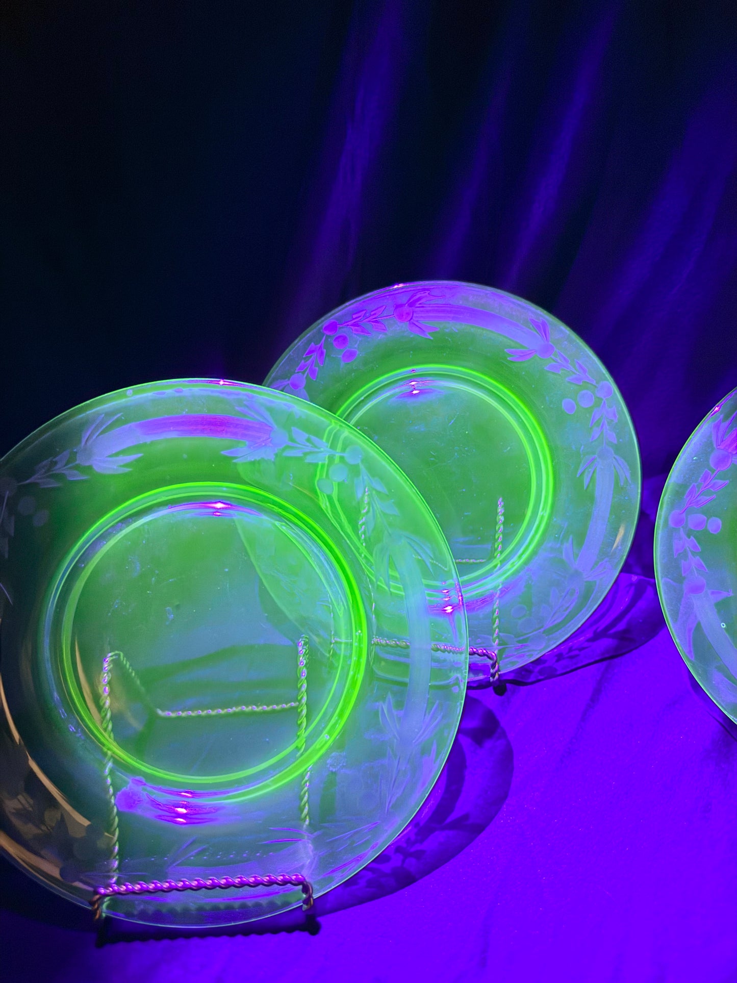 Uranium 7 1/4” plates -set of 4 - Blue Dolphin- Depression Glass - etched