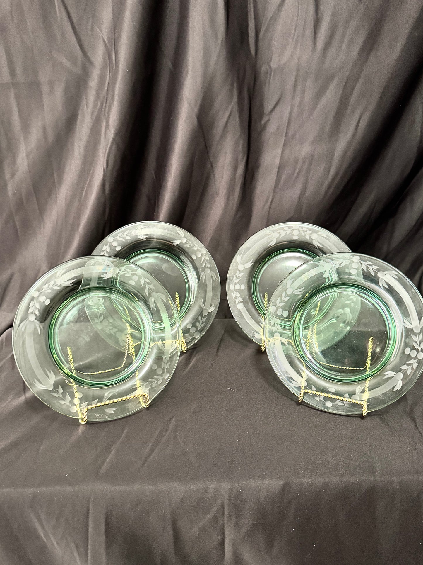 Uranium 7 1/4” plates -set of 4 - Blue Dolphin- Depression Glass - etched