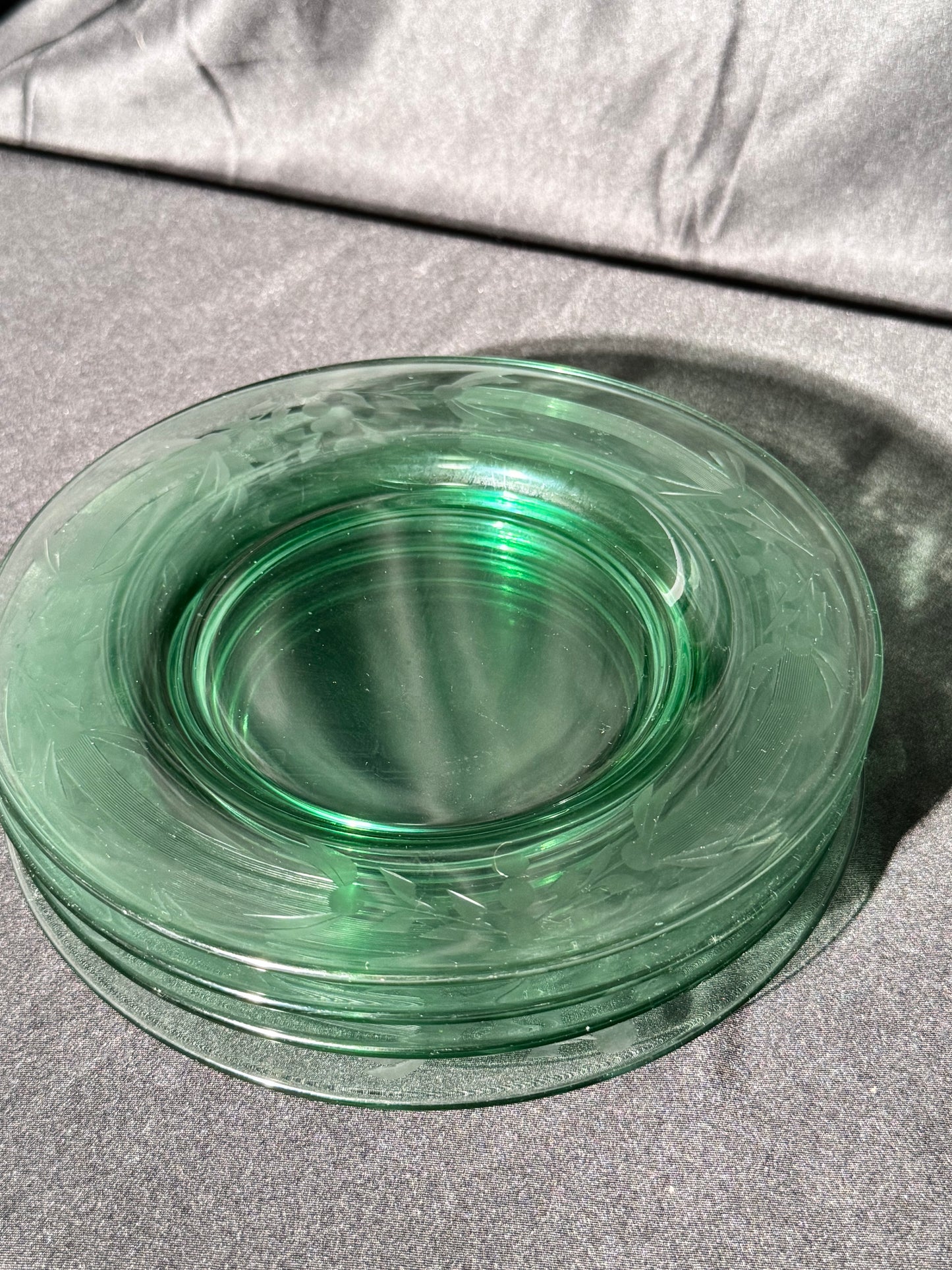 Uranium 7 1/4” plates -set of 4 - Blue Dolphin- Depression Glass - etched