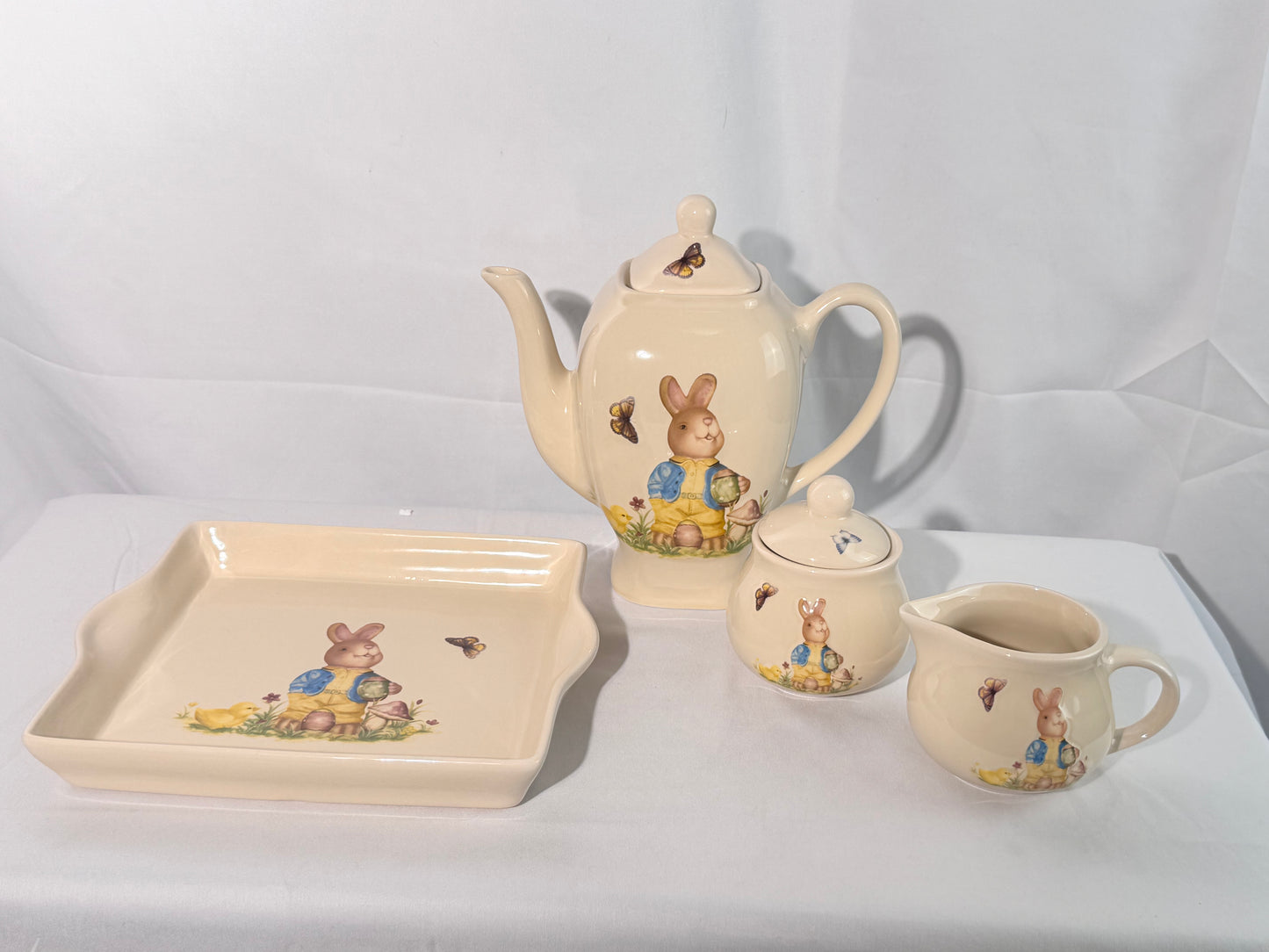 Rabbit Tea Set -set of 6 - serving tray, tea pot with lid, sugar with lid, creamer- Nostalgic Easter
