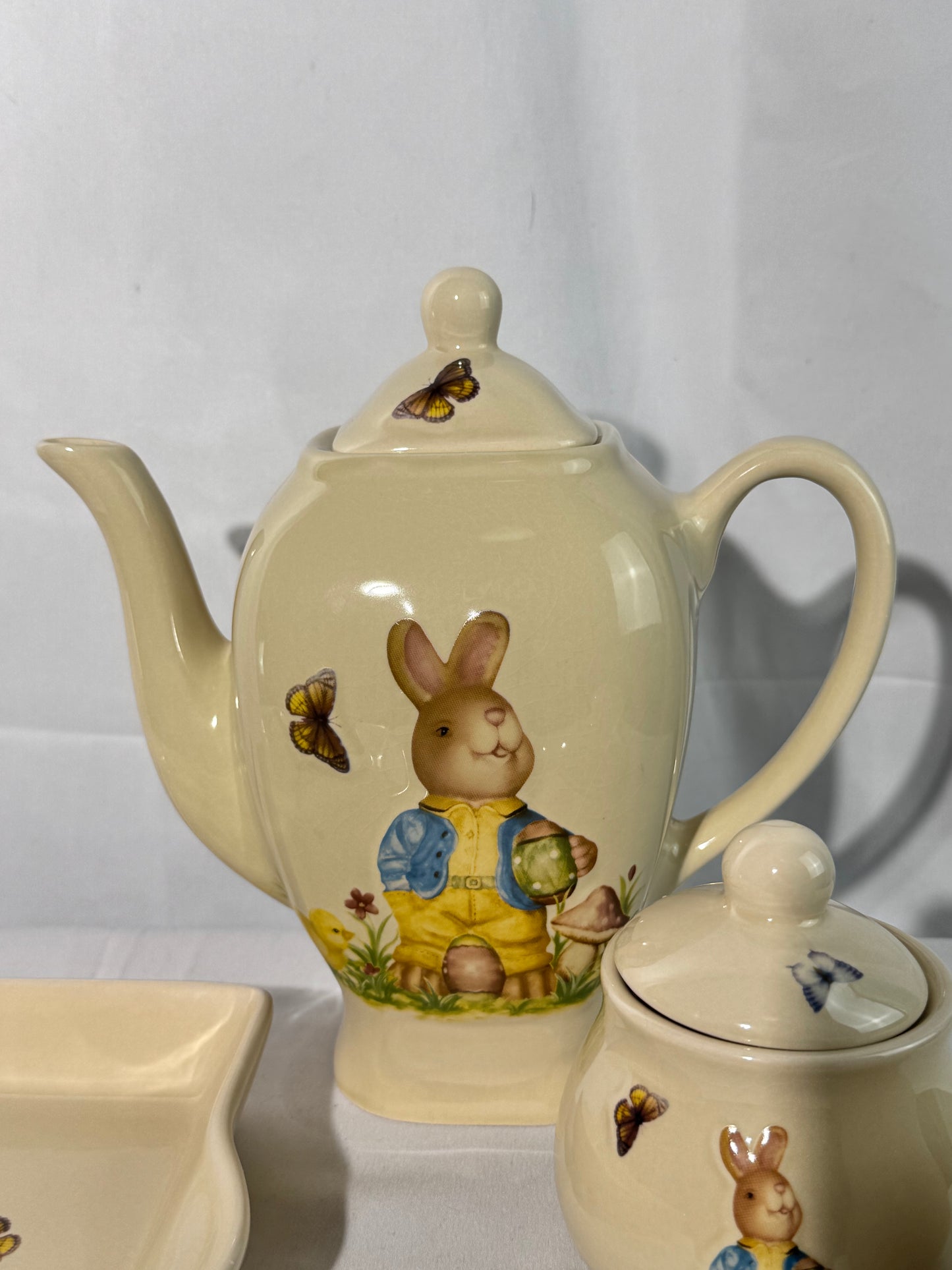 Rabbit Tea Set -set of 6 - serving tray, tea pot with lid, sugar with lid, creamer- Nostalgic Easter