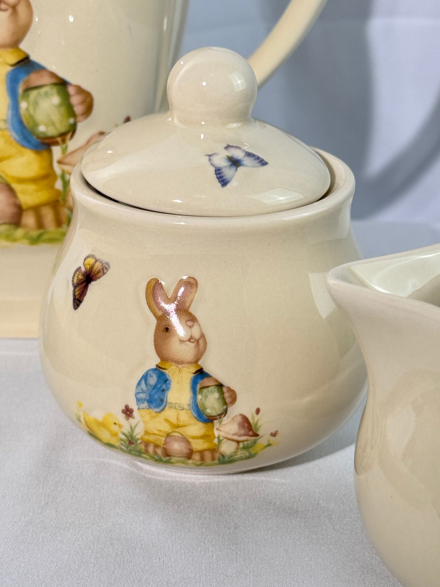 Rabbit Tea Set -set of 6 - serving tray, tea pot with lid, sugar with lid, creamer- Nostalgic Easter