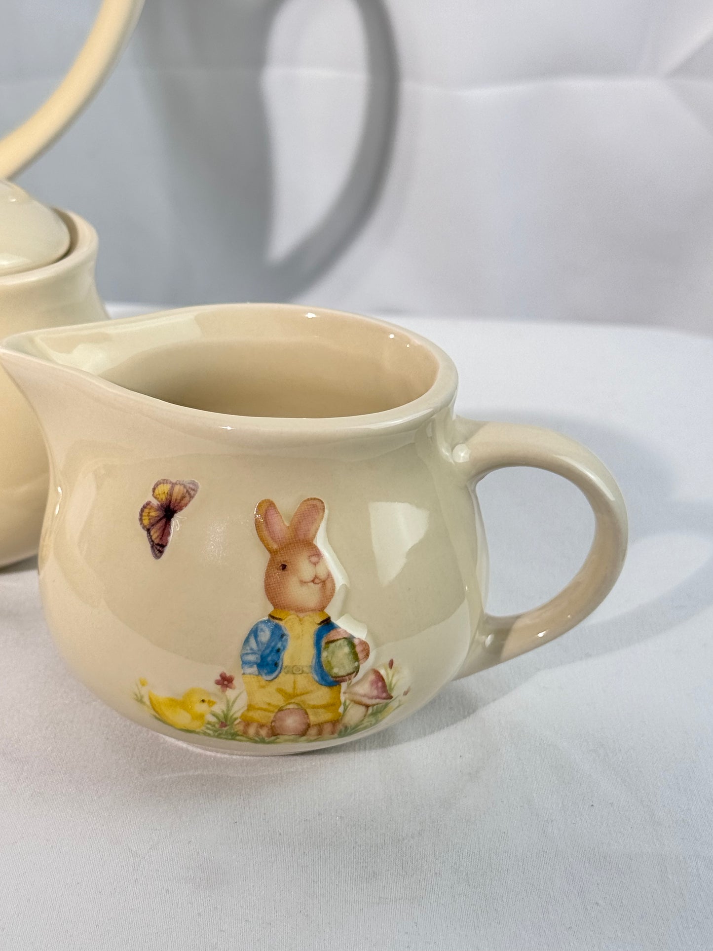 Rabbit Tea Set -set of 6 - serving tray, tea pot with lid, sugar with lid, creamer- Nostalgic Easter