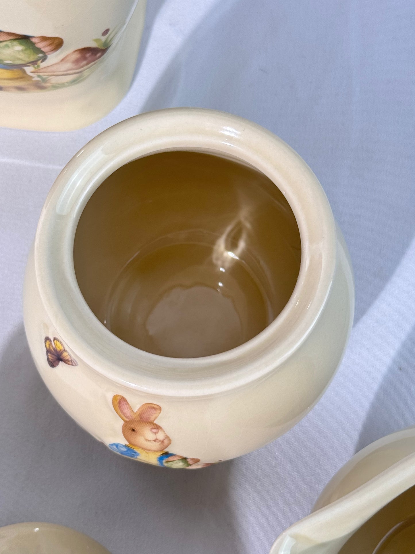 Rabbit Tea Set -set of 6 - serving tray, tea pot with lid, sugar with lid, creamer- Nostalgic Easter