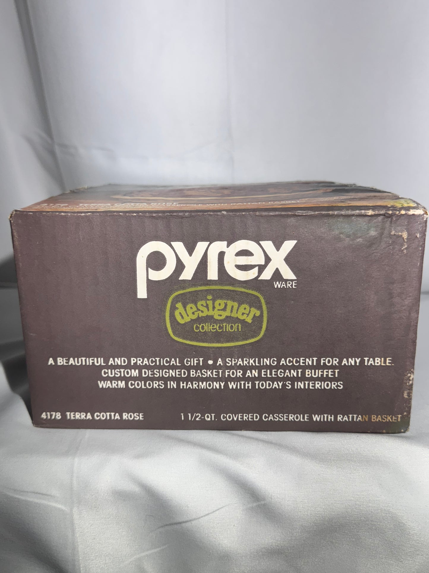 Pyrex- Terra Cotta Rose - 1 1/5 QT. Covered round casserole with rattan basket-item 4177-Corningware
