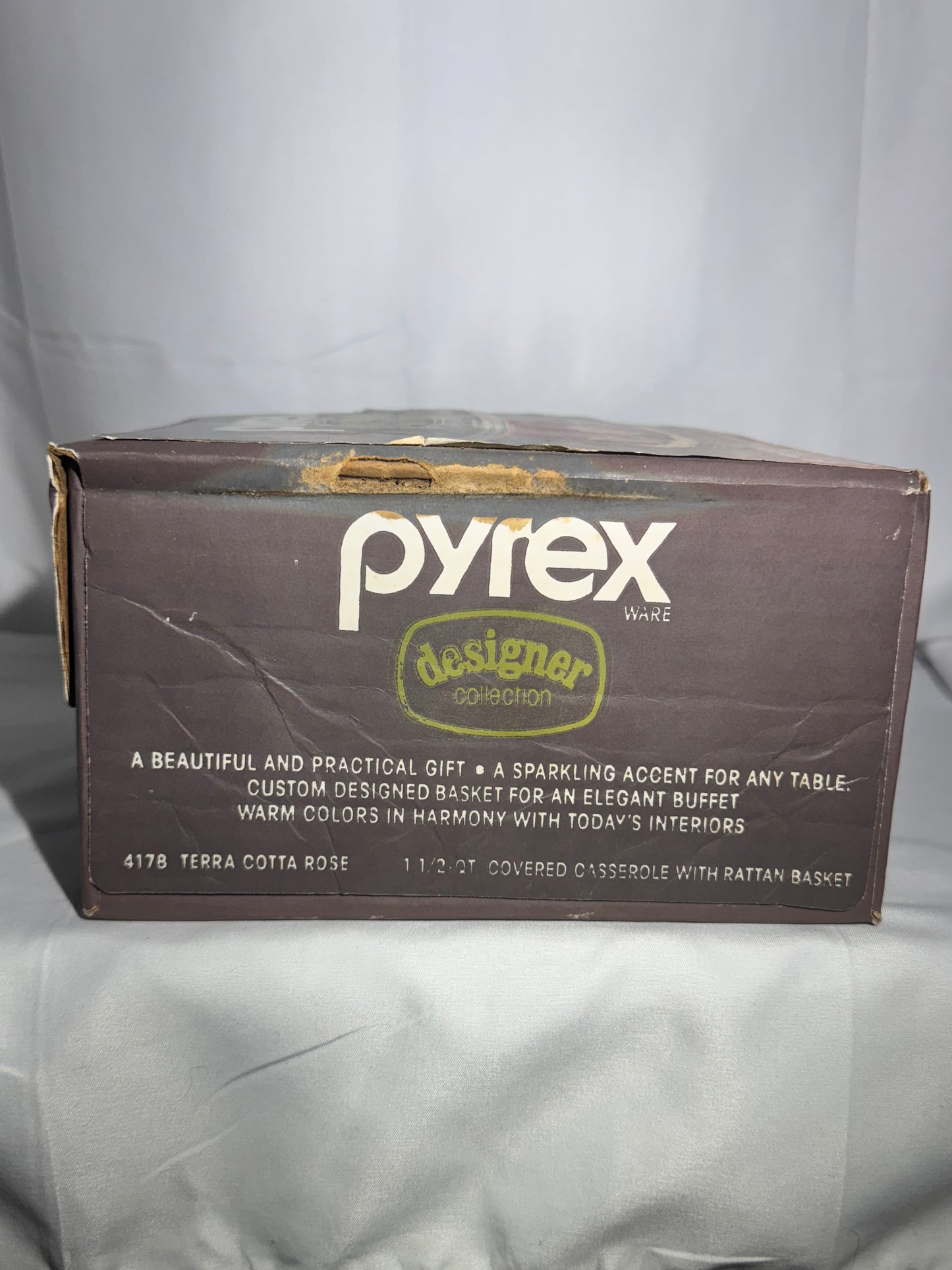 Pyrex- Terra Cotta Rose - 1 1/5 QT. Covered round casserole with rattan basket-item 4177-Corningware