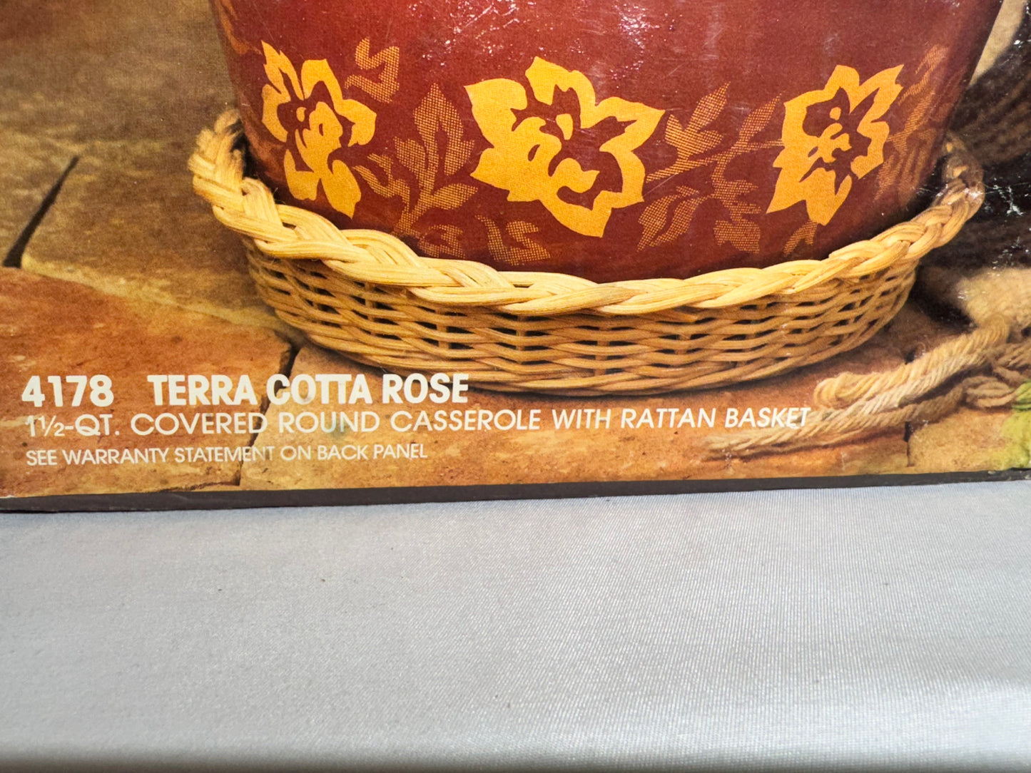 Pyrex- Terra Cotta Rose - 1 1/5 QT. Covered round casserole with rattan basket-item 4177-Corningware