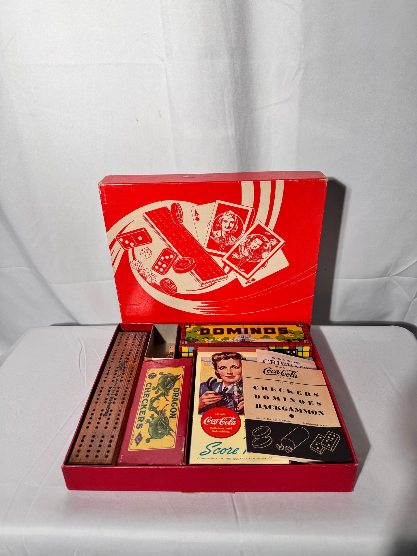 Coca Cola - vintage game set- Checkers, Dominoes, Backgammon, Cribbage and 2 Decks of Cards- Milton Bradley Company