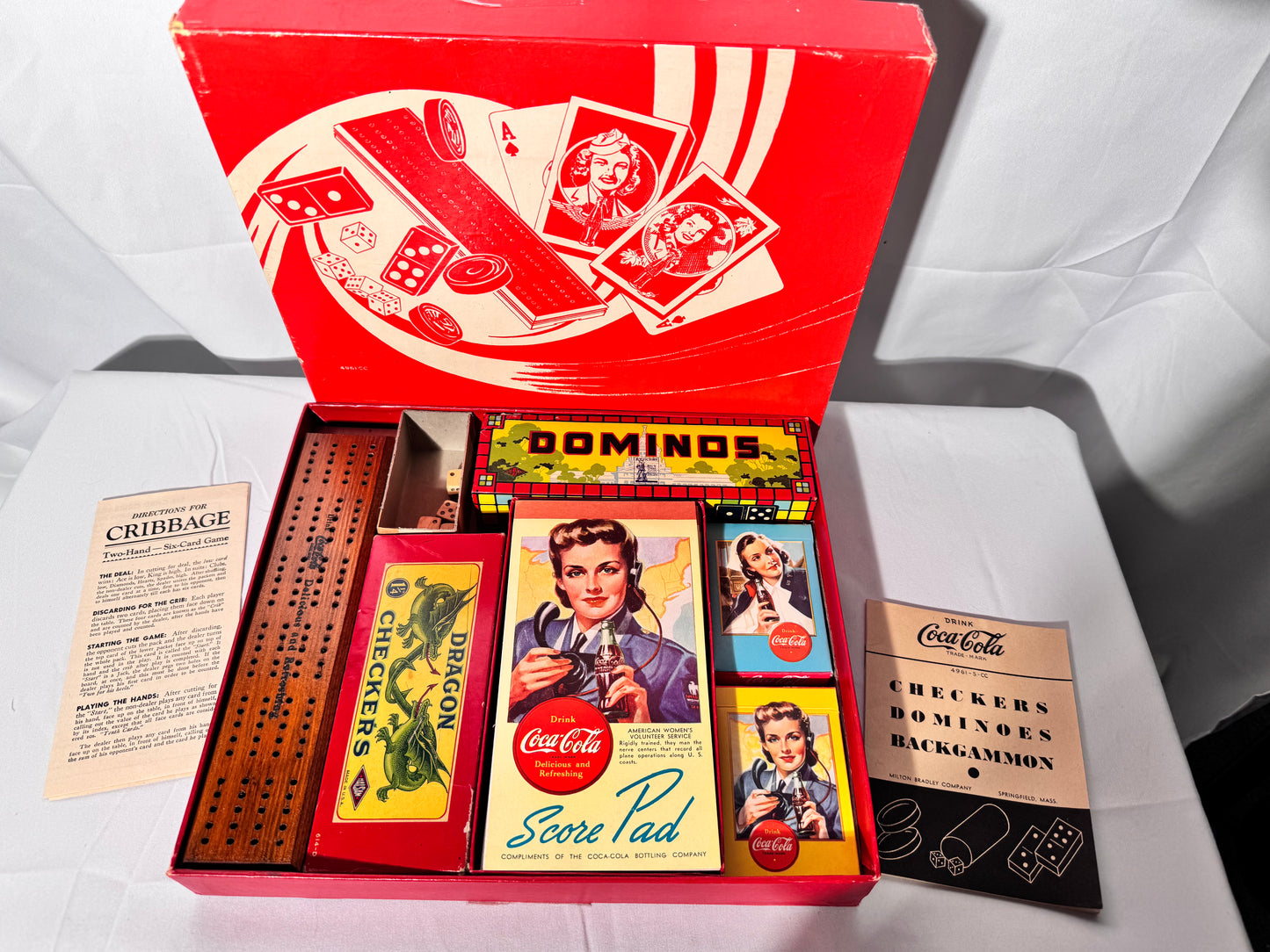 Coca Cola - vintage game set- Checkers, Dominoes, Backgammon, Cribbage and 2 Decks of Cards- Milton Bradley Company