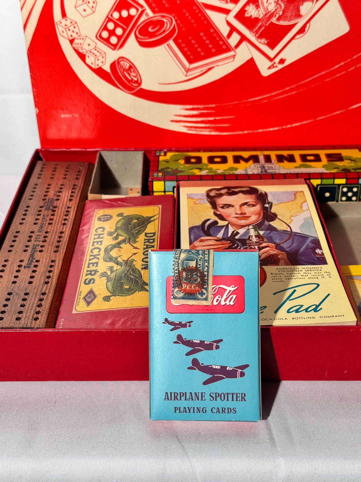 Coca Cola - vintage game set- Checkers, Dominoes, Backgammon, Cribbage and 2 Decks of Cards- Milton Bradley Company