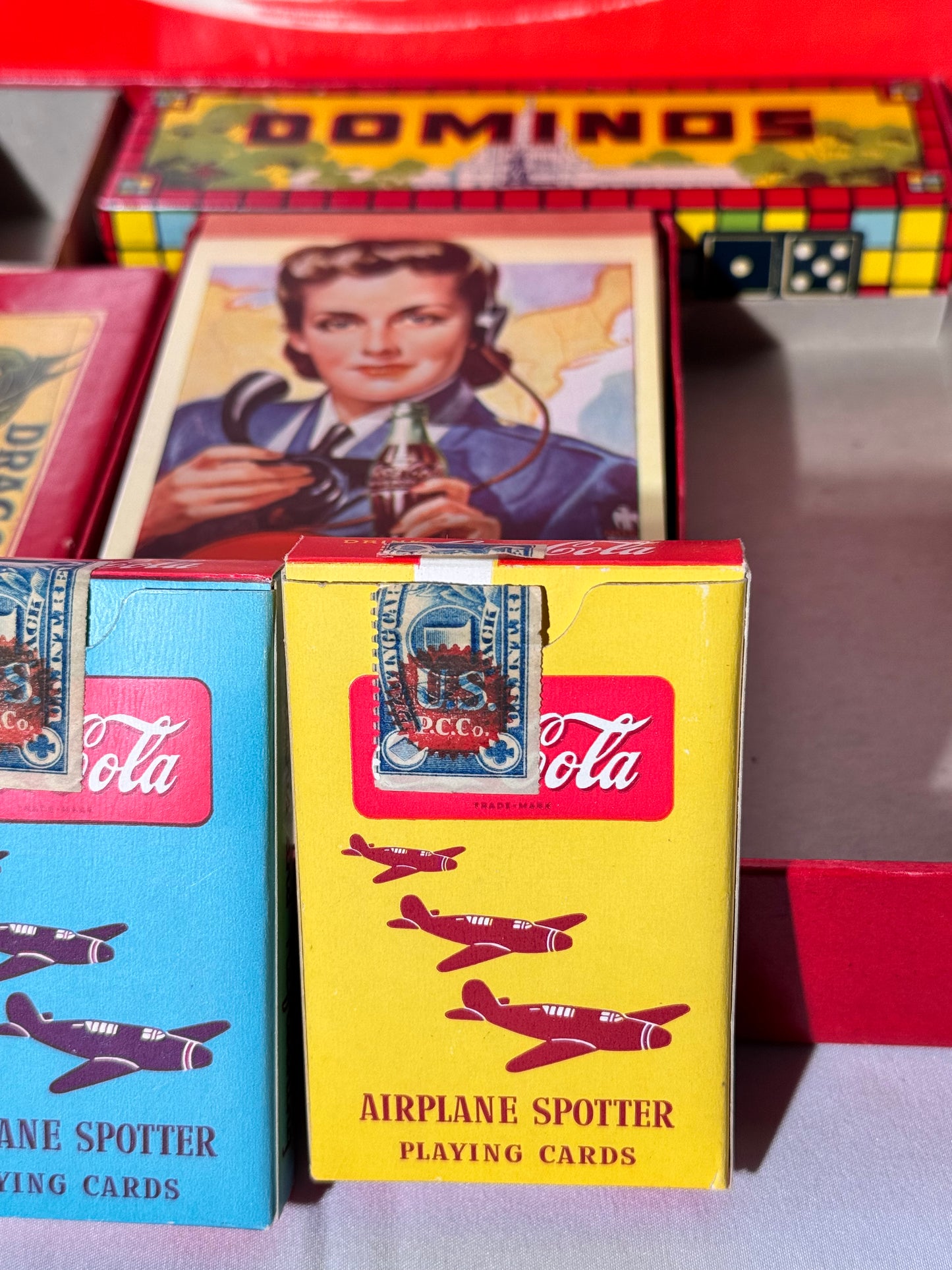 Coca Cola - vintage game set- Checkers, Dominoes, Backgammon, Cribbage and 2 Decks of Cards- Milton Bradley Company