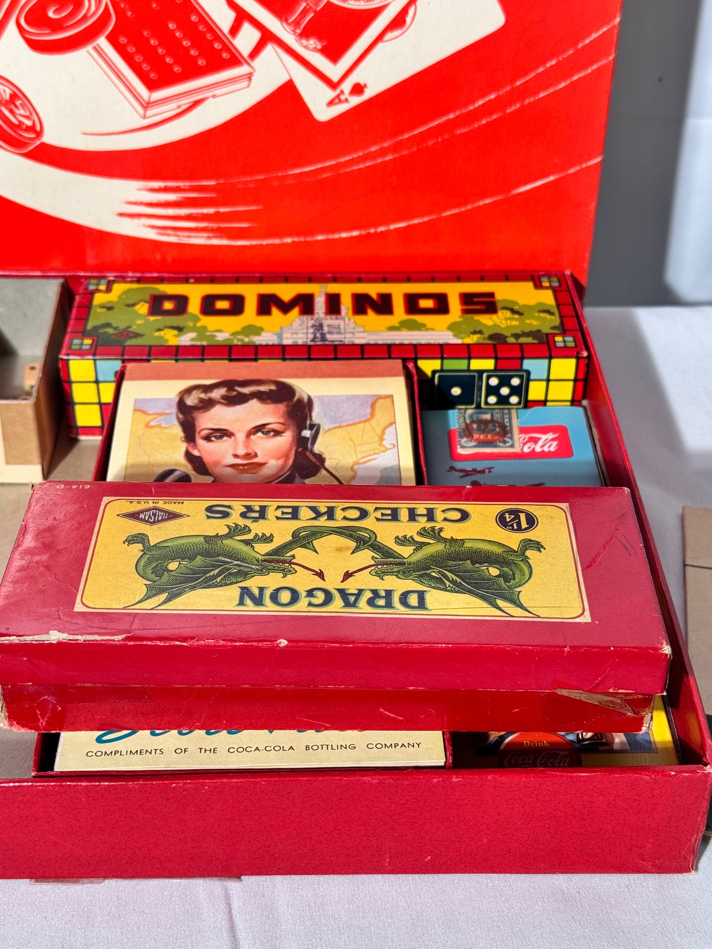 Coca Cola - vintage game set- Checkers, Dominoes, Backgammon, Cribbage and 2 Decks of Cards- Milton Bradley Company