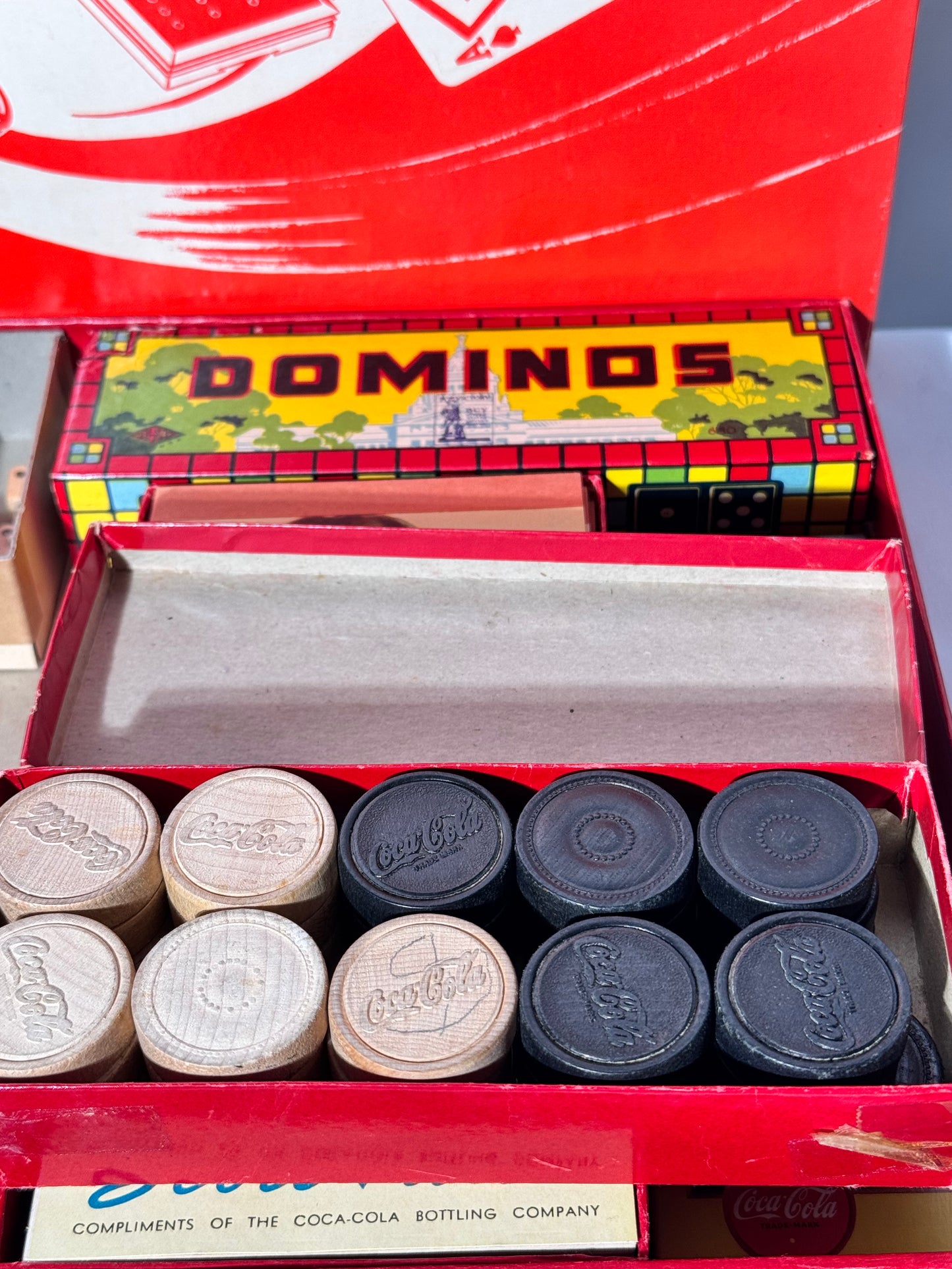 Coca Cola - vintage game set- Checkers, Dominoes, Backgammon, Cribbage and 2 Decks of Cards- Milton Bradley Company