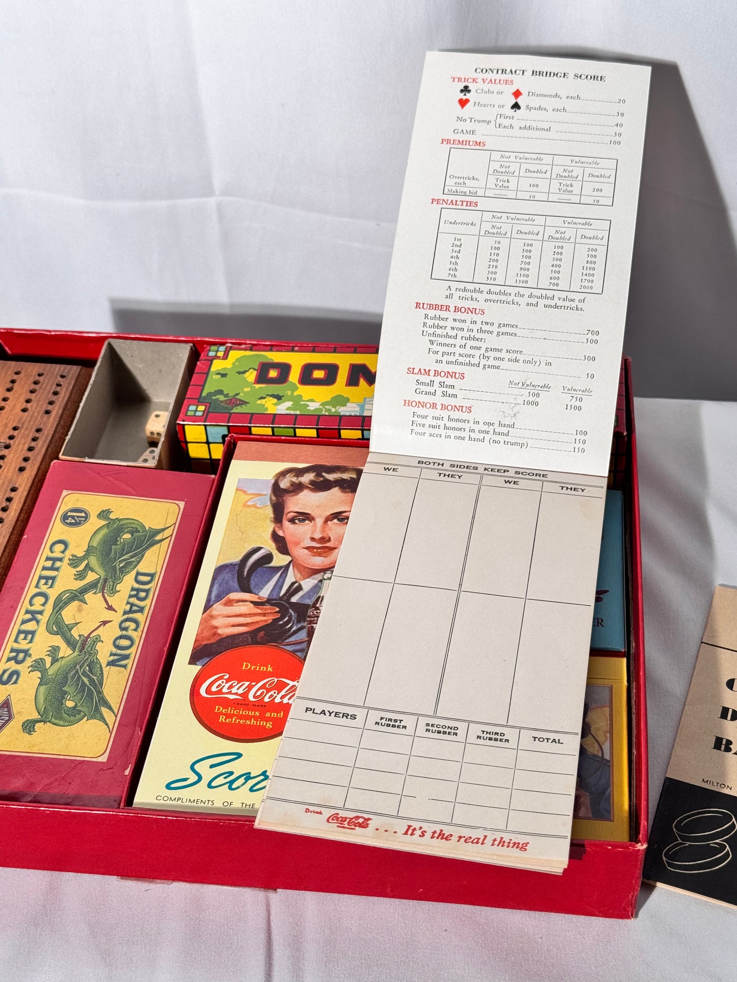 Coca Cola - vintage game set- Checkers, Dominoes, Backgammon, Cribbage and 2 Decks of Cards- Milton Bradley Company