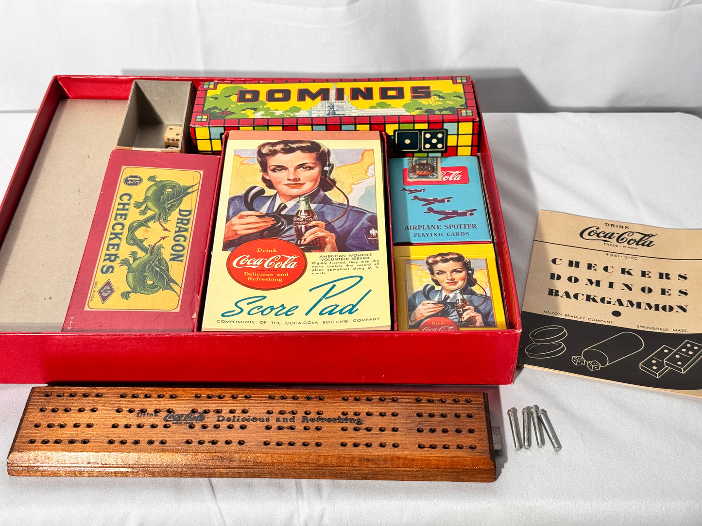Coca Cola - vintage game set- Checkers, Dominoes, Backgammon, Cribbage and 2 Decks of Cards- Milton Bradley Company