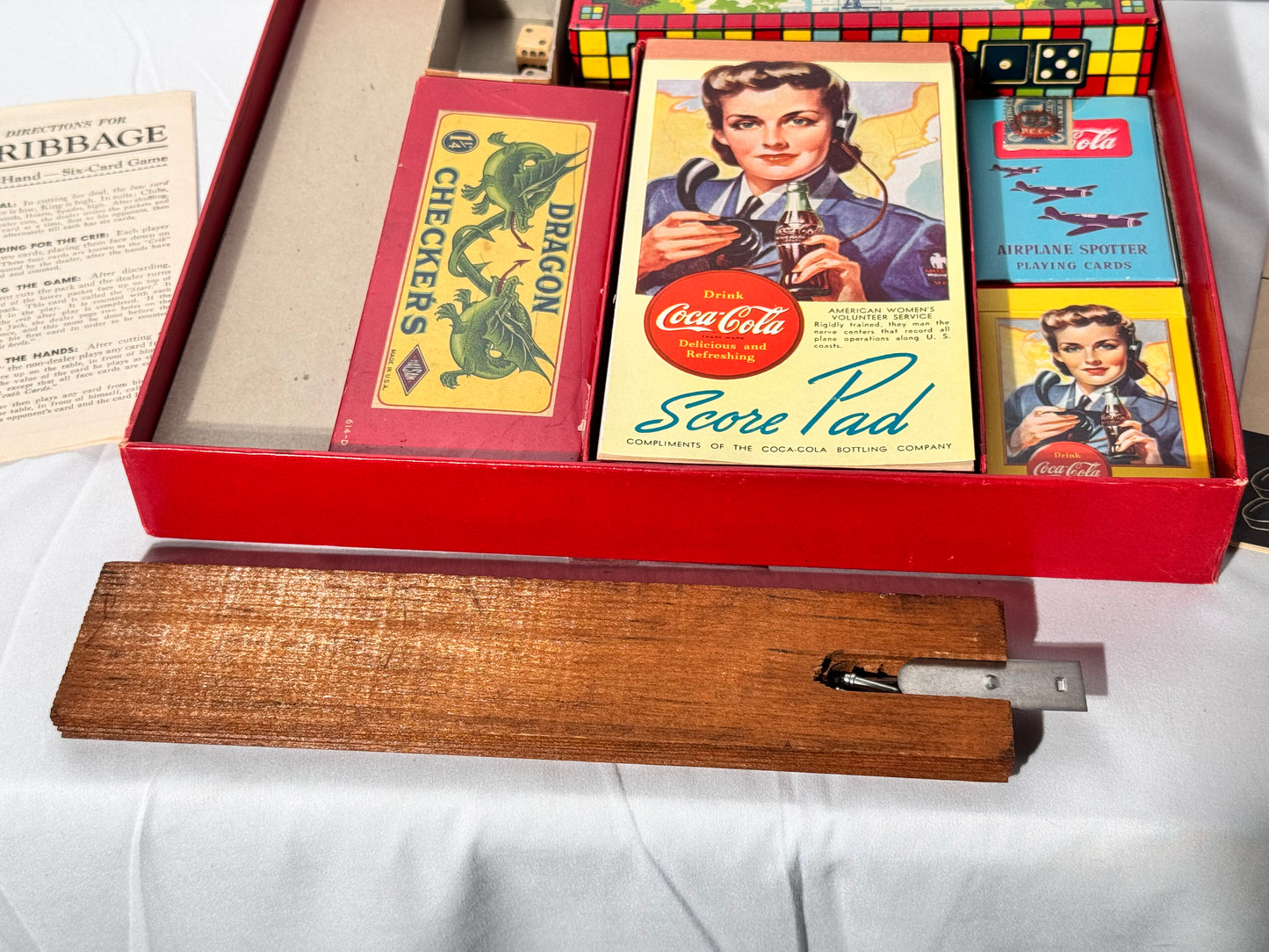 Coca Cola - vintage game set- Checkers, Dominoes, Backgammon, Cribbage and 2 Decks of Cards- Milton Bradley Company