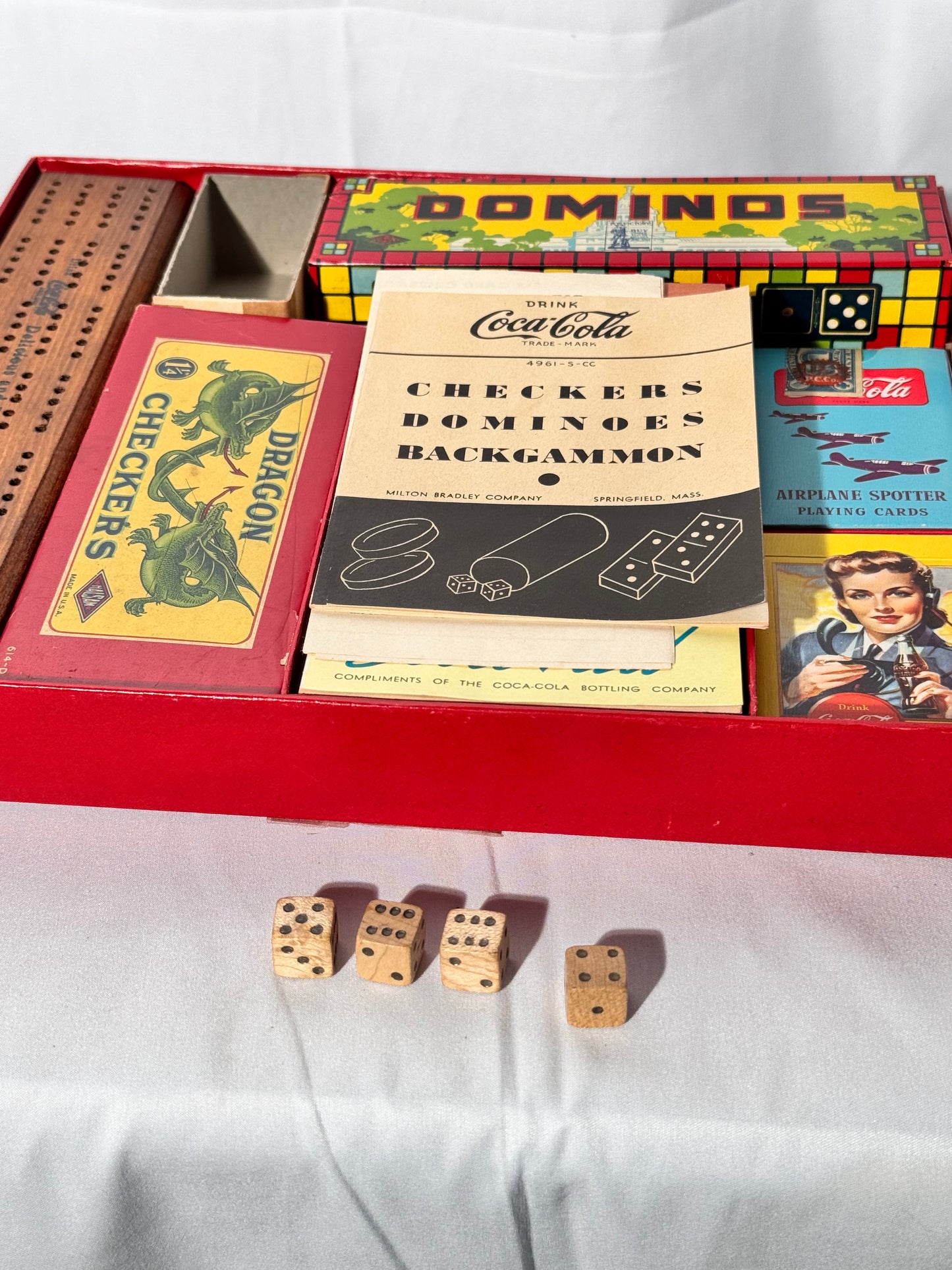 Coca Cola - vintage game set- Checkers, Dominoes, Backgammon, Cribbage and 2 Decks of Cards- Milton Bradley Company