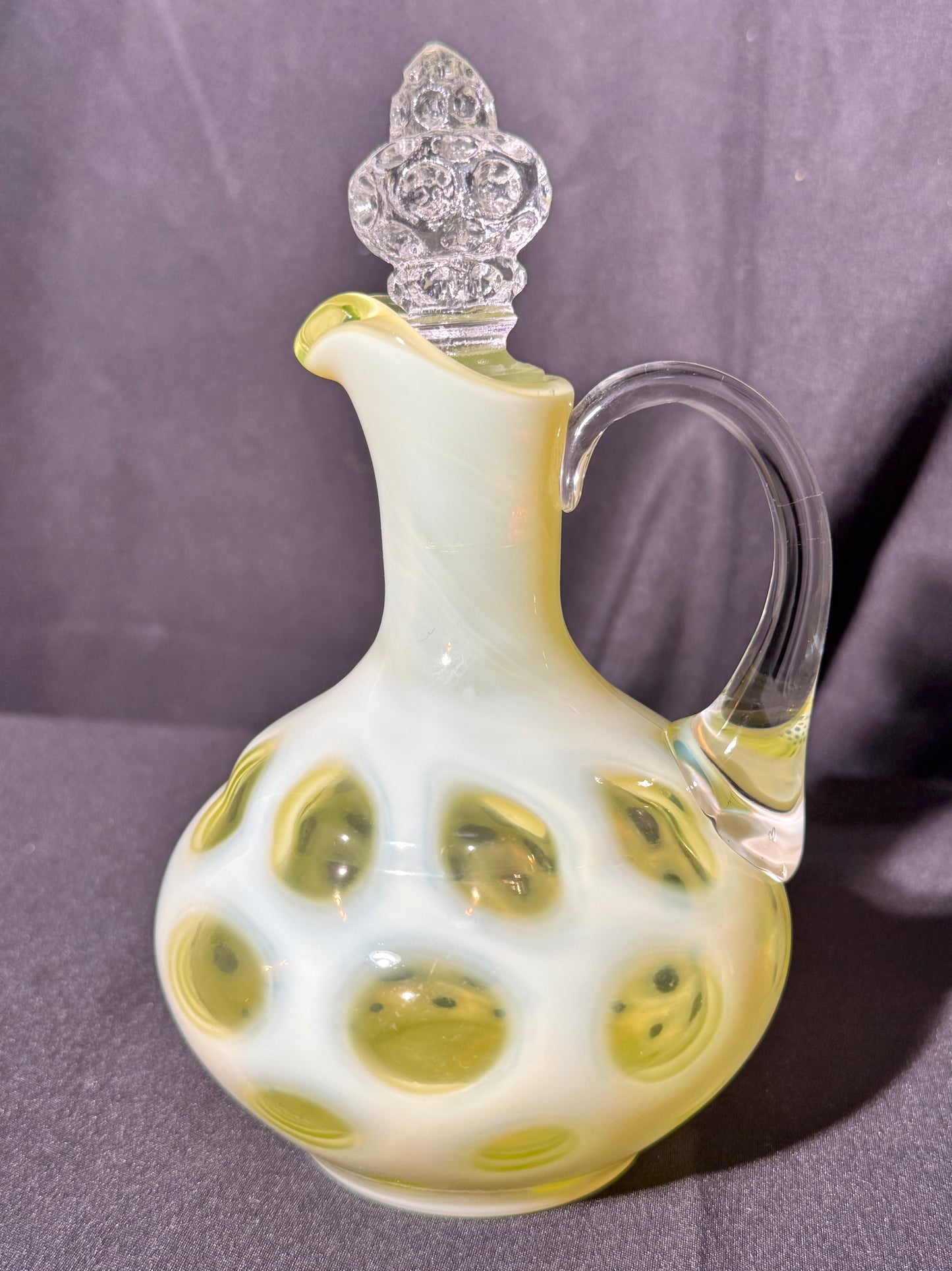 Uranium- Fenton- Cruet - Yellow Opalescent- Coin Dot - “Thumbprint” - Vaseline Glass- Vintage