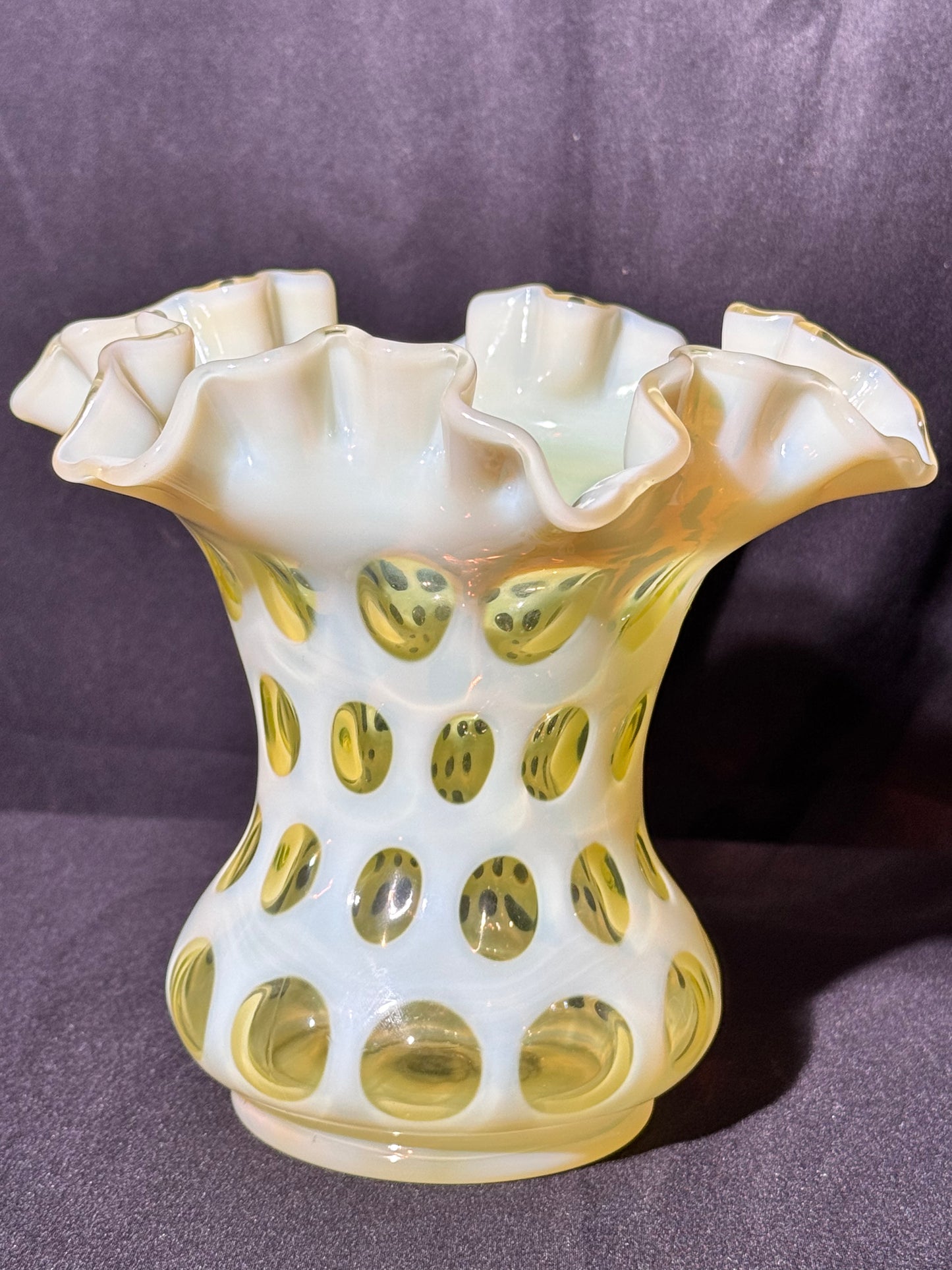 Uranium- Fenton- Vase - Yellow Opalescent- Coin Dot - “Thumbprint” - Vaseline Glass- Vintage