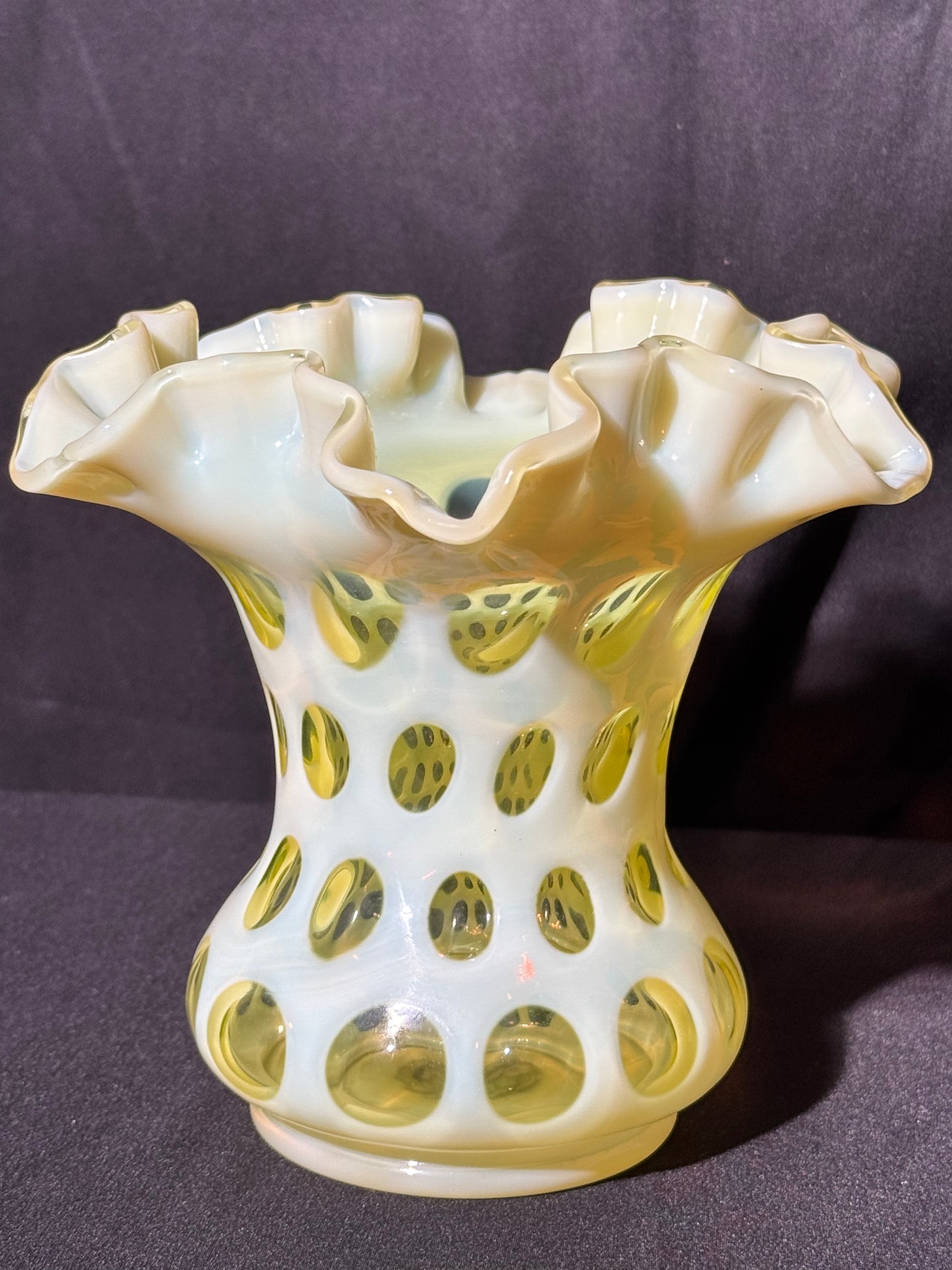 Uranium- Fenton- Vase - Yellow Opalescent- Coin Dot - “Thumbprint” - Vaseline Glass- Vintage