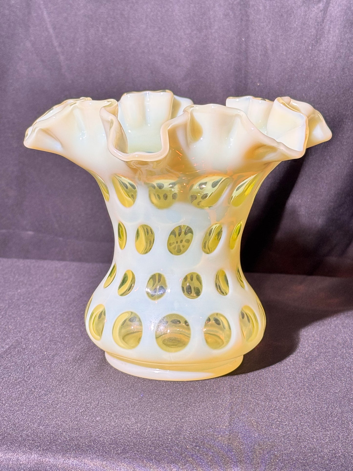 Uranium- Fenton- Vase - Yellow Opalescent- Coin Dot - “Thumbprint” - Vaseline Glass- Vintage