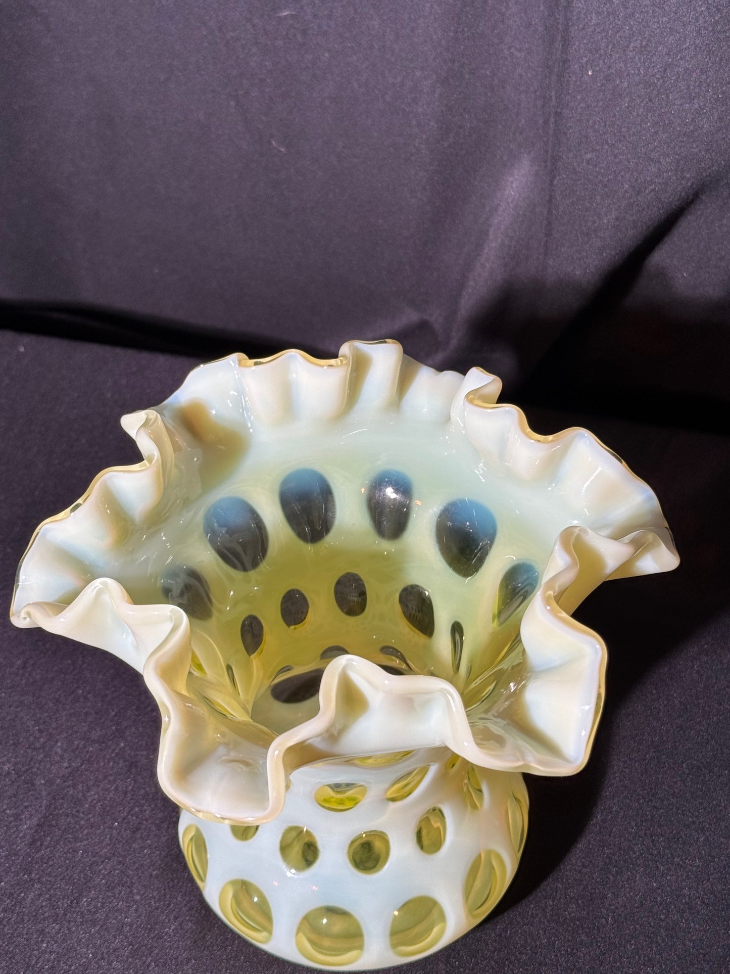 Uranium- Fenton- Vase - Yellow Opalescent- Coin Dot - “Thumbprint” - Vaseline Glass- Vintage