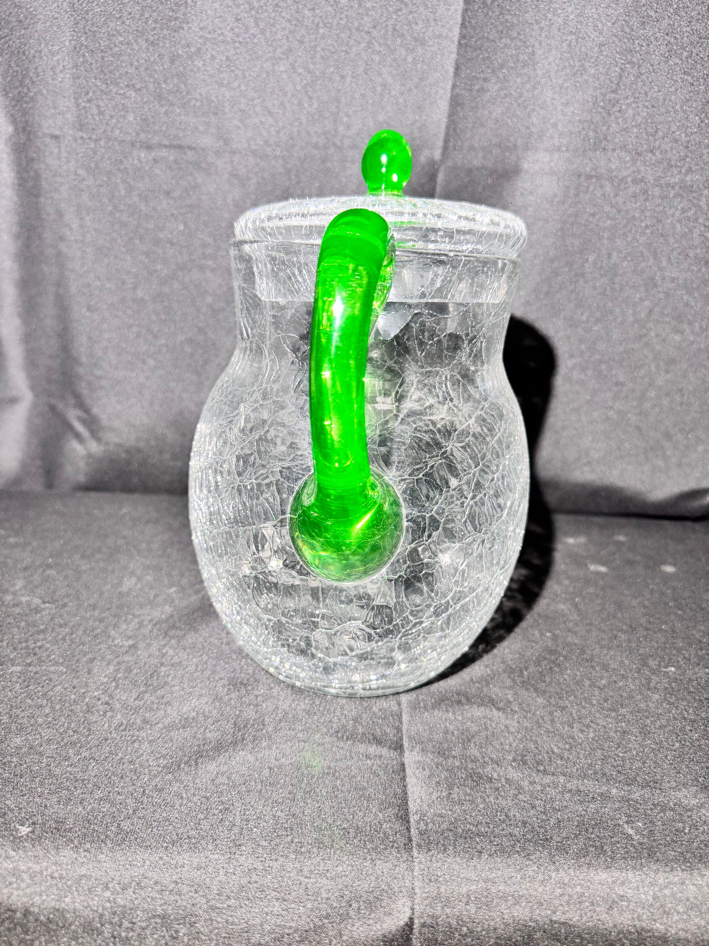 Vintage H.C. Fry Crackle Glass Pitcher – Uranium Green Handle & Knob – 1920s