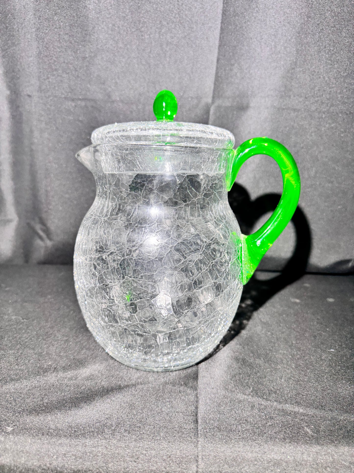 Vintage H.C. Fry Crackle Glass Pitcher – Uranium Green Handle & Knob – 1920s