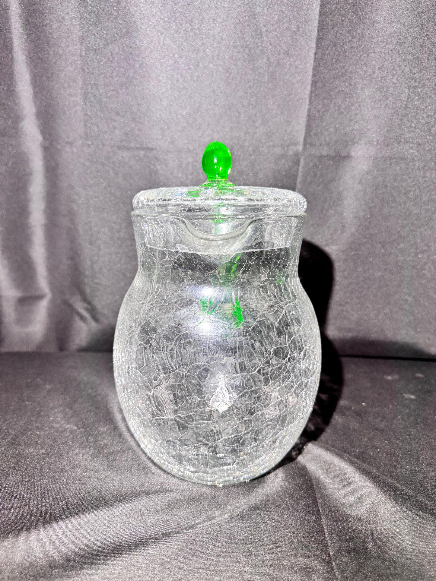 Vintage H.C. Fry Crackle Glass Pitcher – Uranium Green Handle & Knob – 1920s