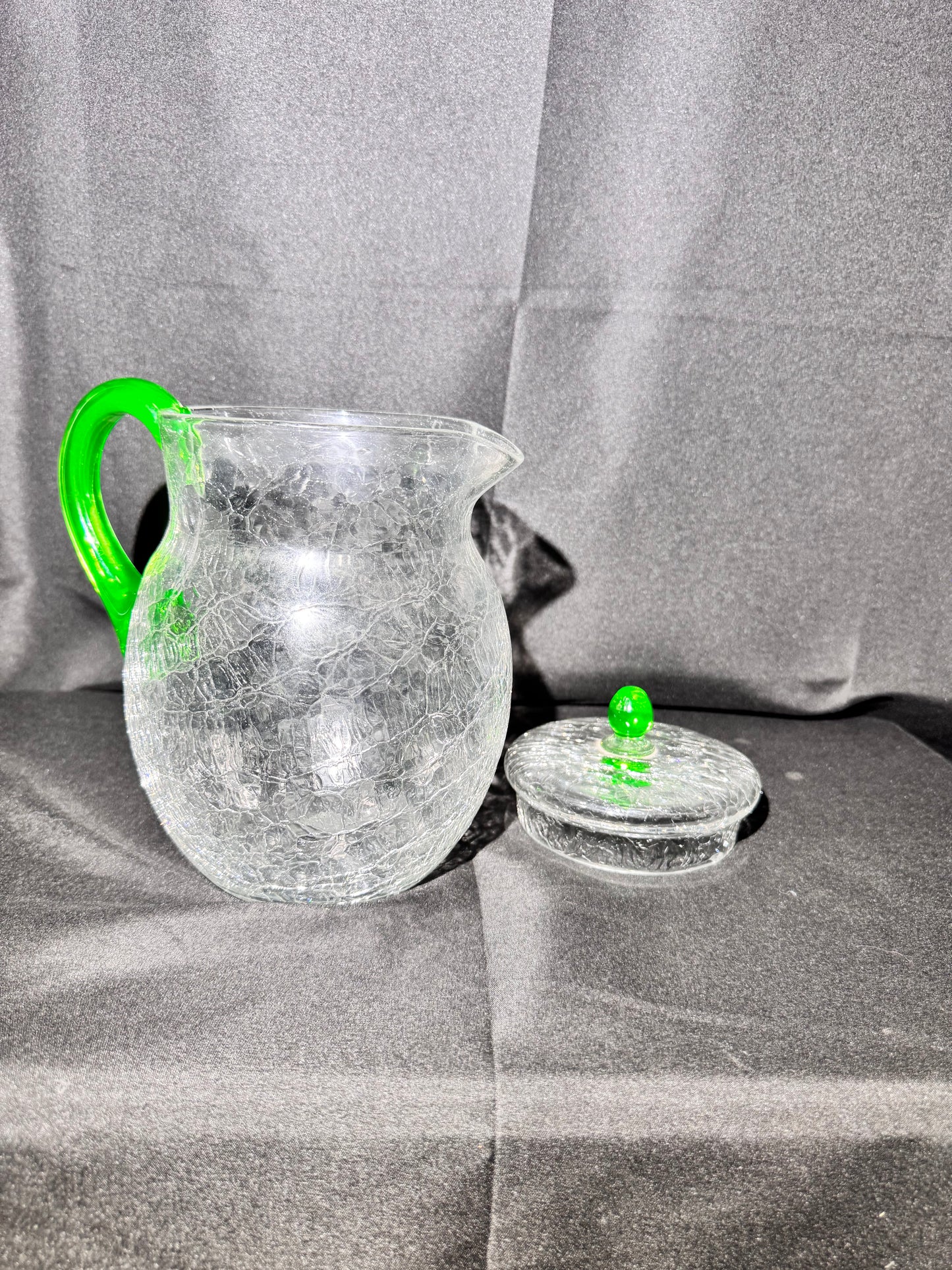 Vintage H.C. Fry Crackle Glass Pitcher – Uranium Green Handle & Knob – 1920s