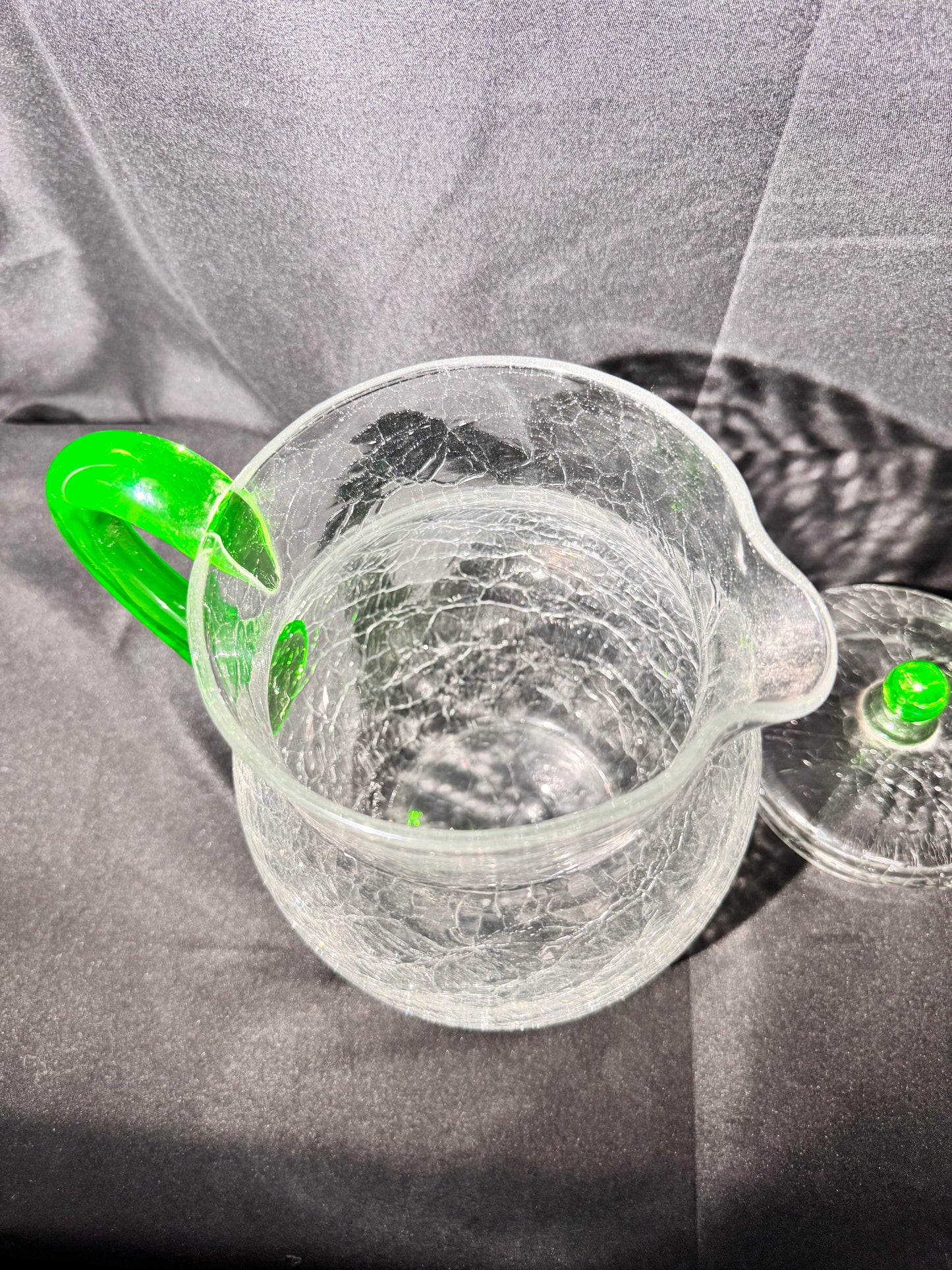 Vintage H.C. Fry Crackle Glass Pitcher – Uranium Green Handle & Knob – 1920s