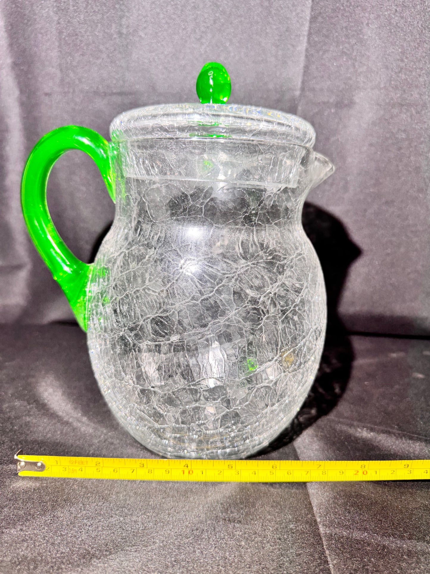 Vintage H.C. Fry Crackle Glass Pitcher – Uranium Green Handle & Knob – 1920s