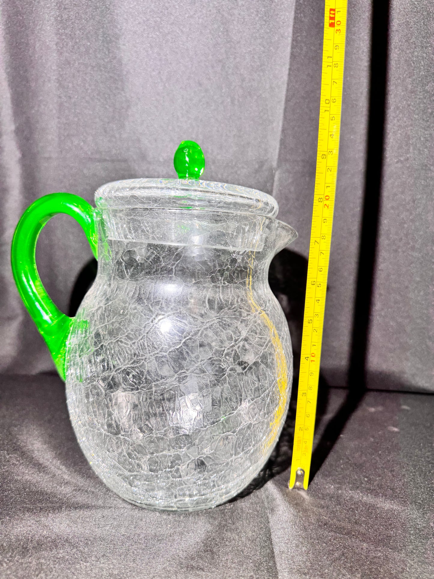Vintage H.C. Fry Crackle Glass Pitcher – Uranium Green Handle & Knob – 1920s