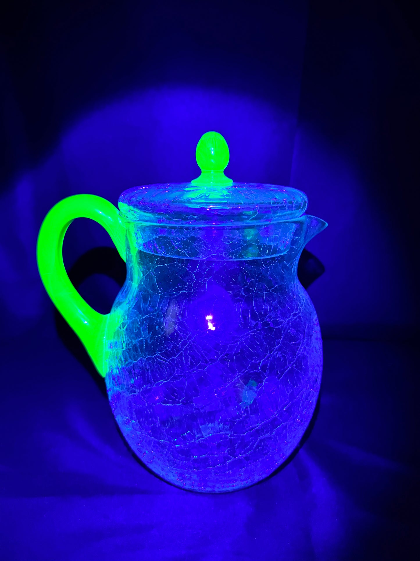 Vintage H.C. Fry Crackle Glass Pitcher – Uranium Green Handle & Knob – 1920s
