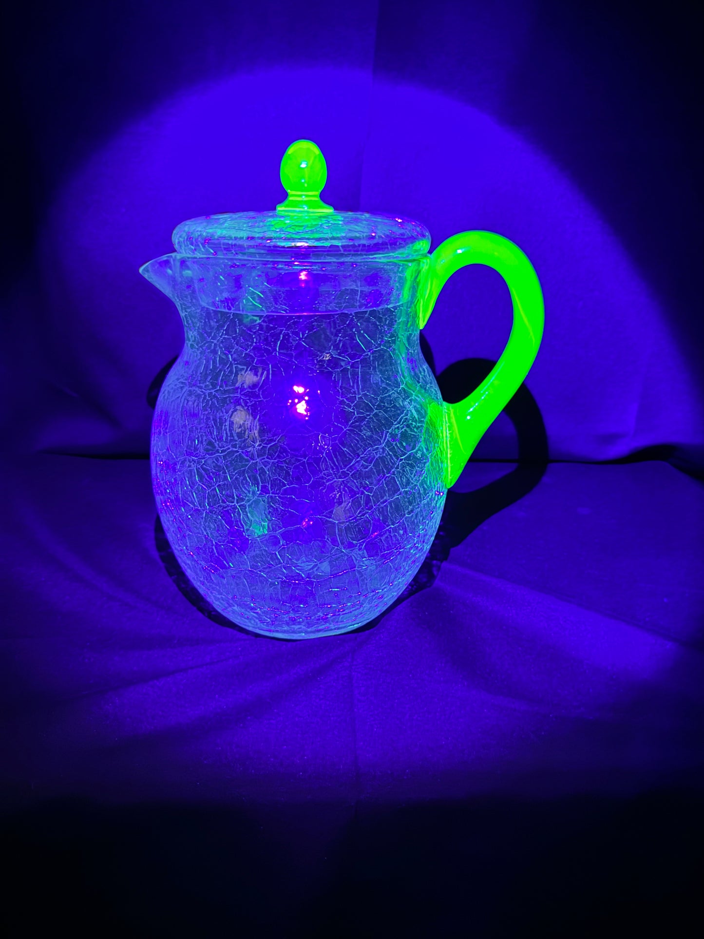 Vintage H.C. Fry Crackle Glass Pitcher – Uranium Green Handle & Knob – 1920s