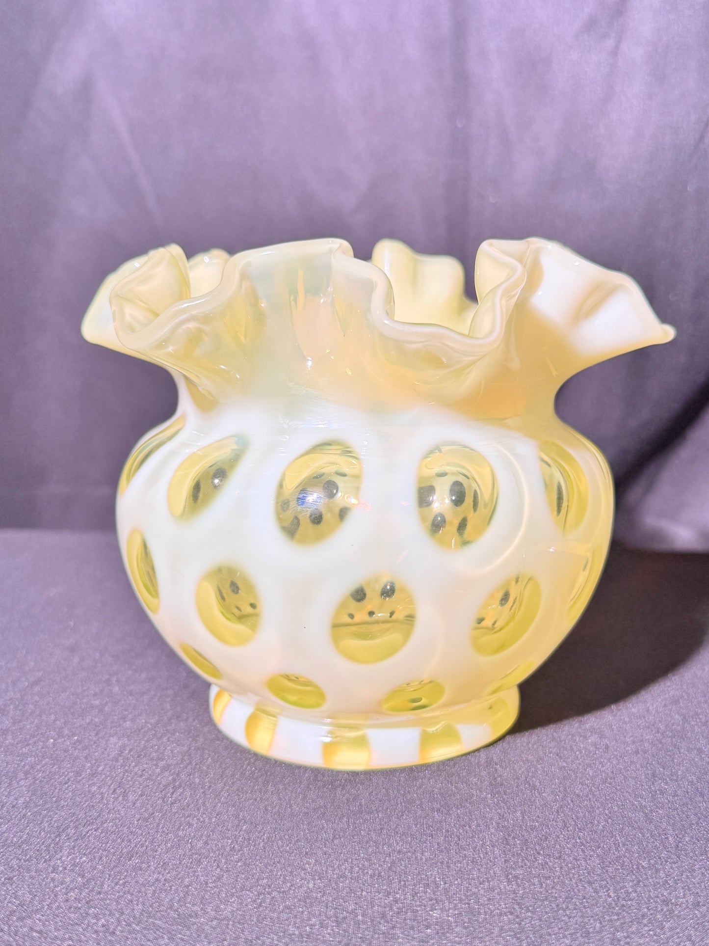 Uranium- Fenton- Vase - Yellow Opalescent- Coin Dot - “Thumbprint” - Vaseline Glass- Vintage