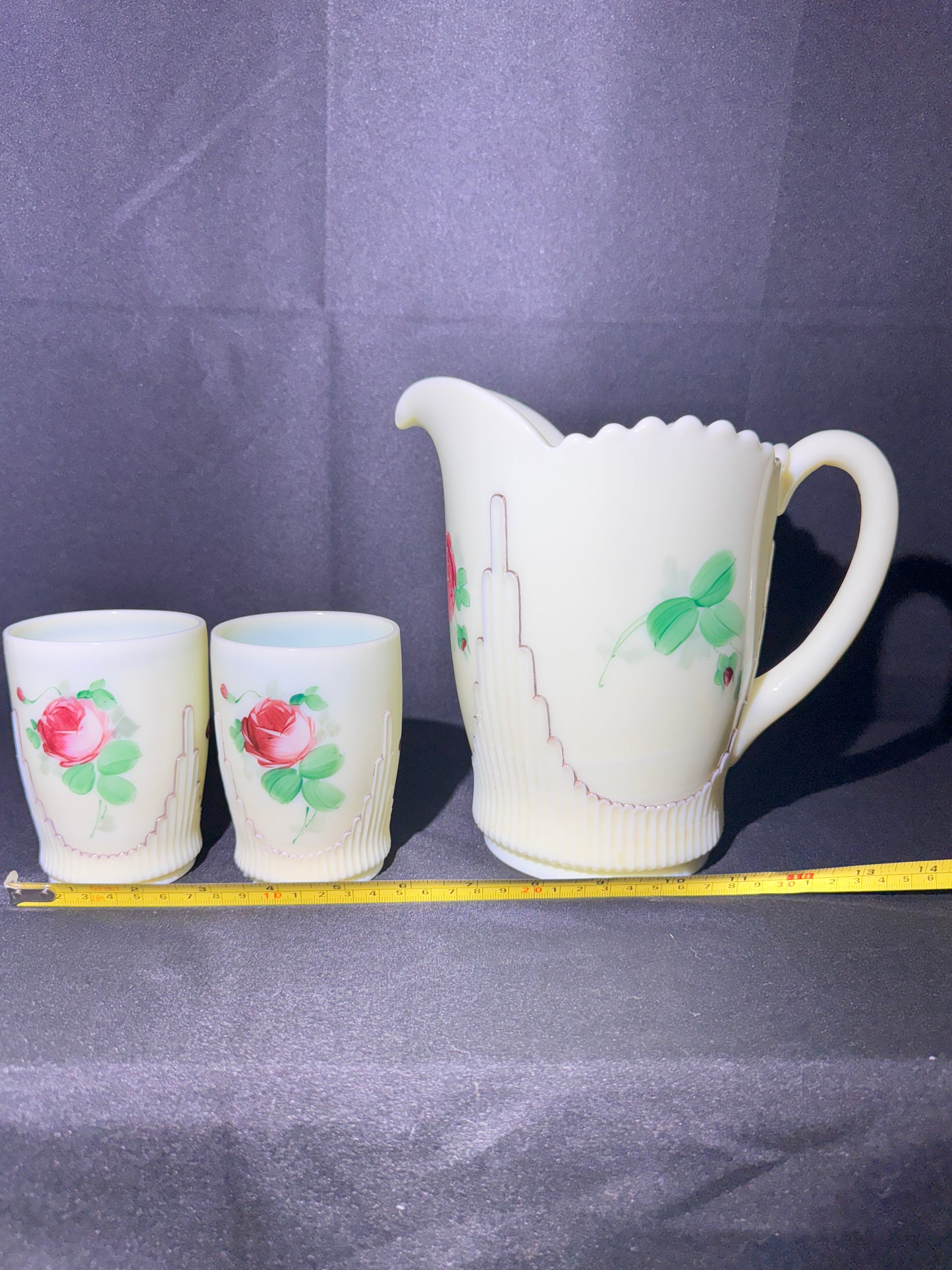 Uranium- EAPG Jefferson Glass Co. Ribbed Draped Pitcher & 2 Tumblers – Custard Glass
