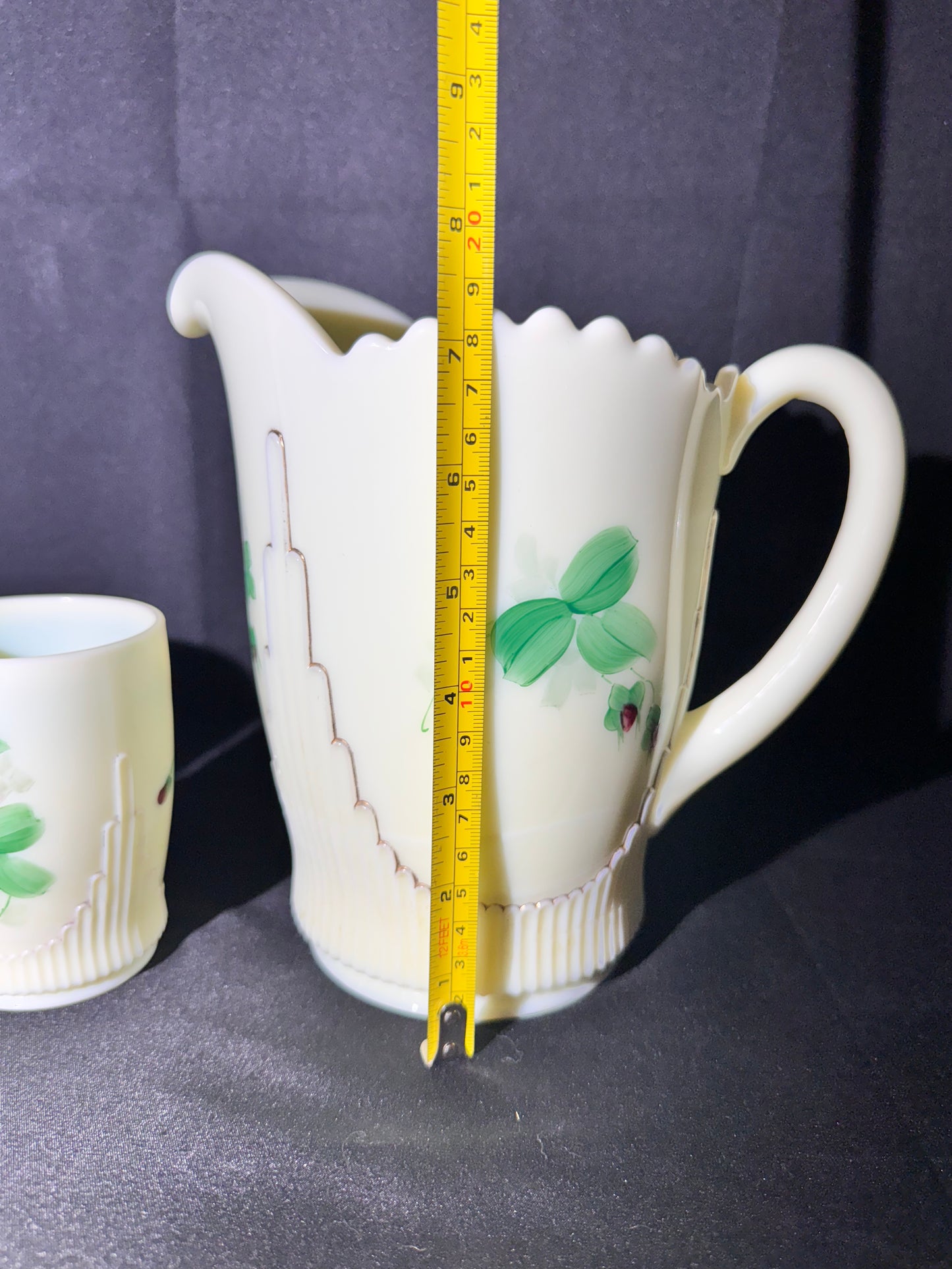 Uranium- EAPG Jefferson Glass Co. Ribbed Draped Pitcher & 2 Tumblers – Custard Glass