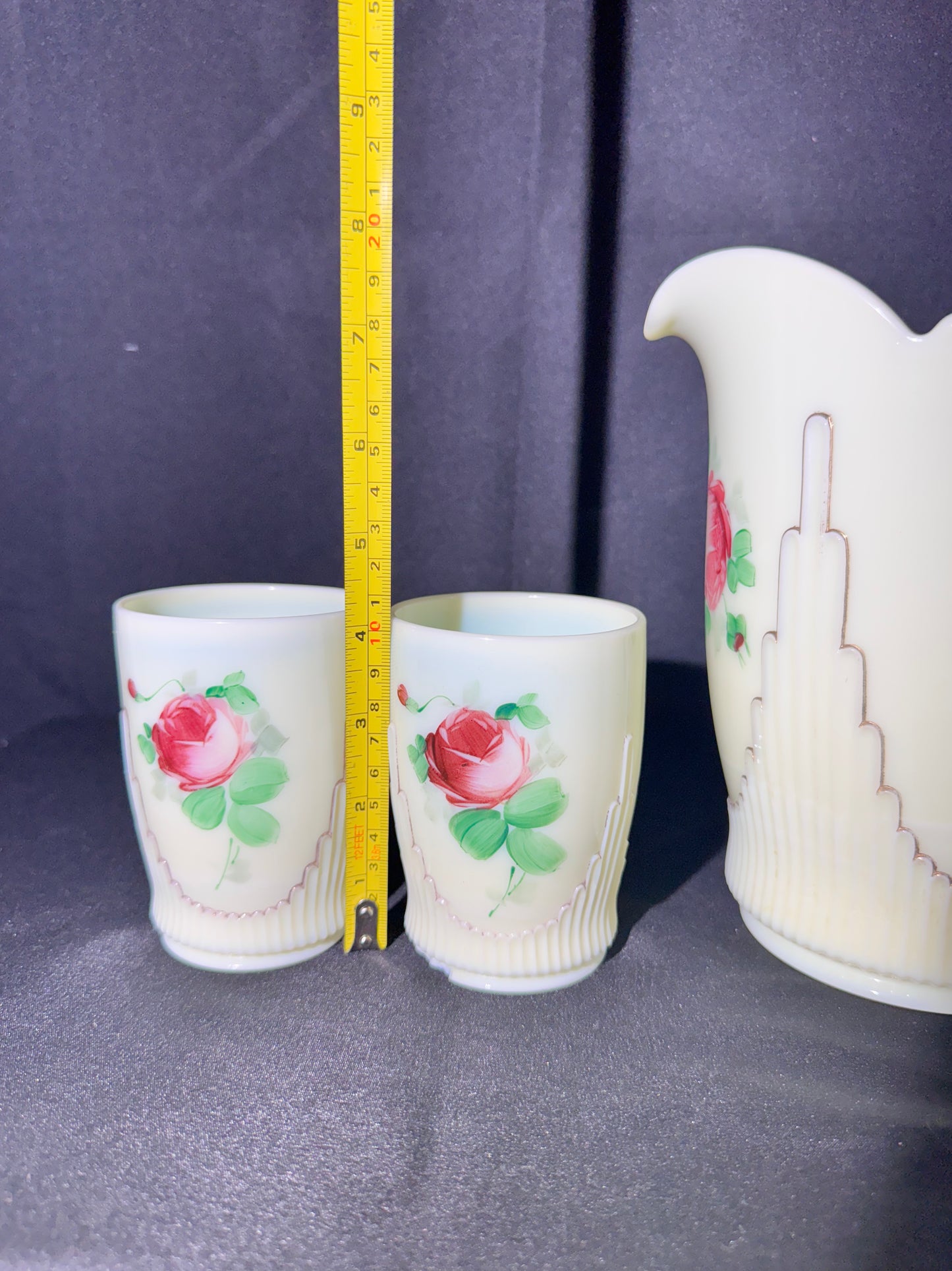 Uranium- EAPG Jefferson Glass Co. Ribbed Draped Pitcher & 2 Tumblers – Custard Glass