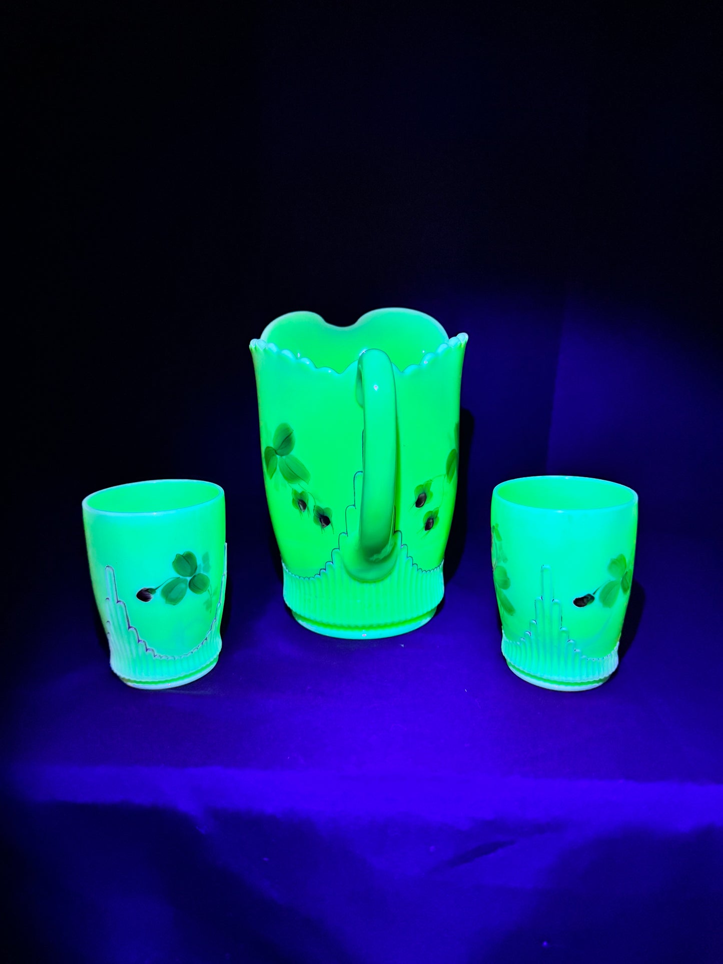 Uranium- EAPG Jefferson Glass Co. Ribbed Draped Pitcher & 2 Tumblers – Custard Glass