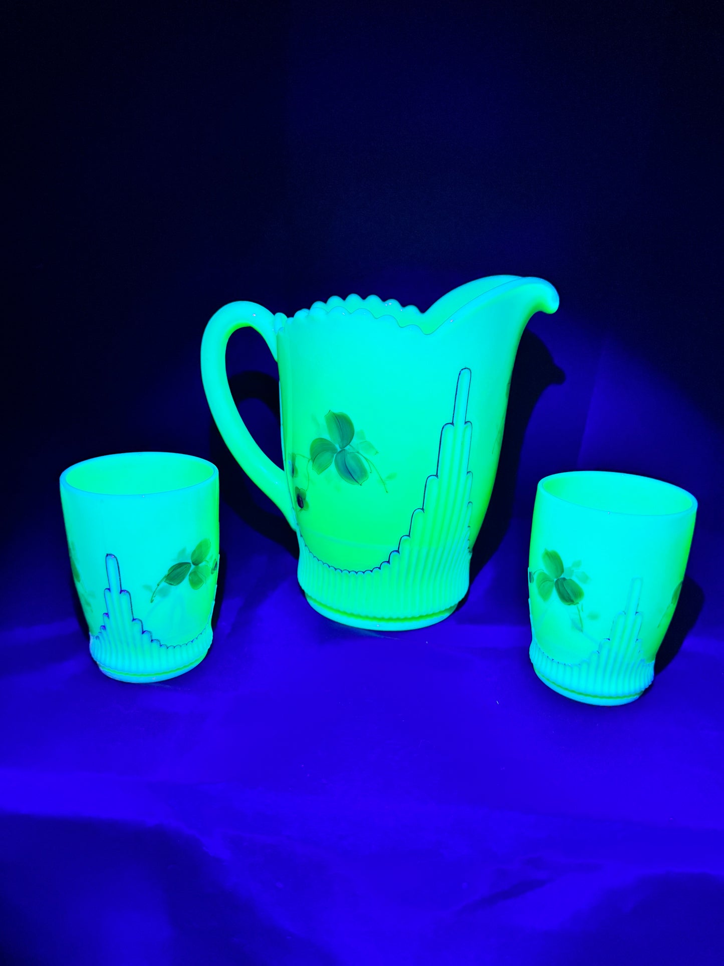 Uranium- EAPG Jefferson Glass Co. Ribbed Draped Pitcher & 2 Tumblers – Custard Glass