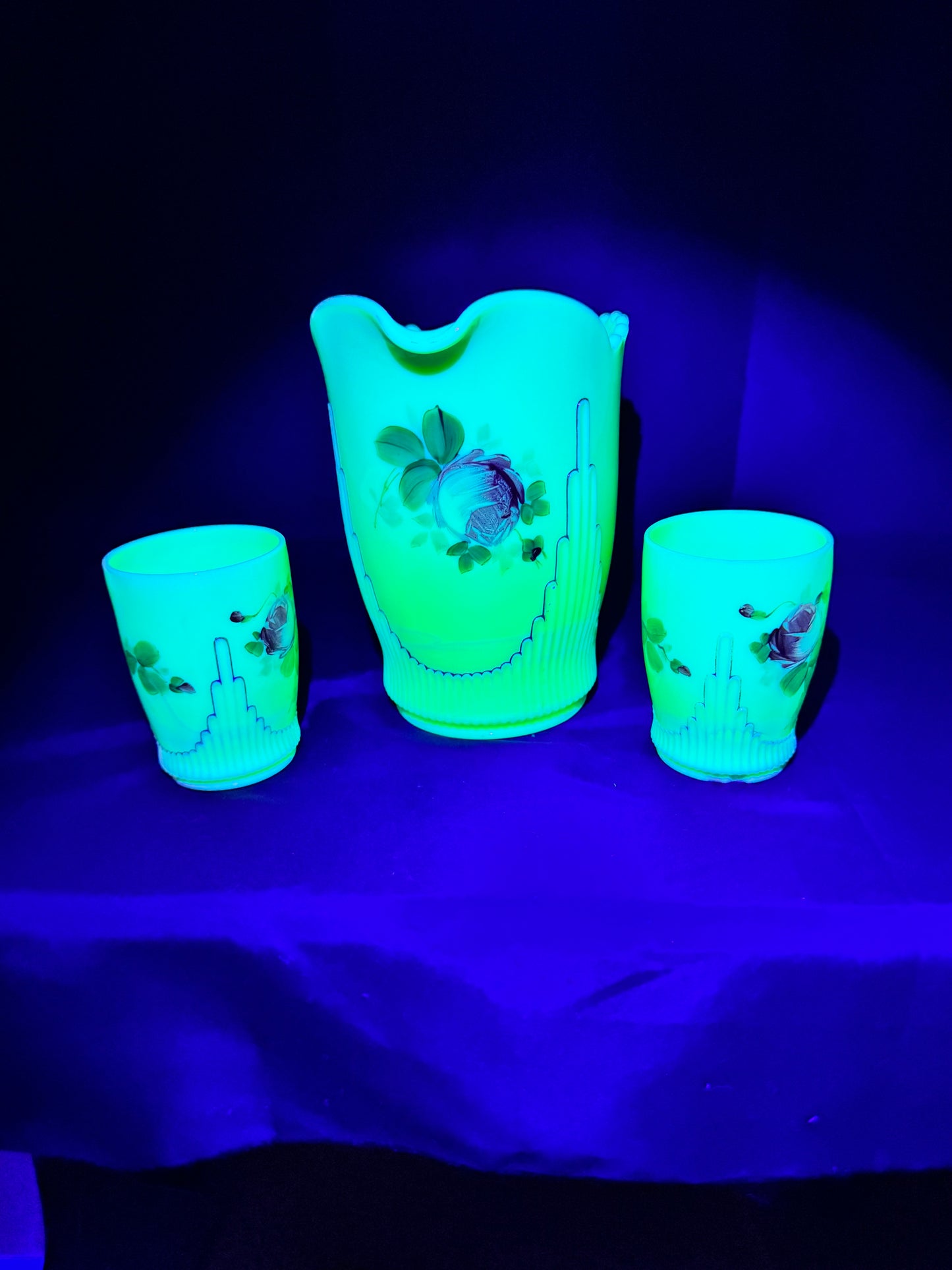 Uranium- EAPG Jefferson Glass Co. Ribbed Draped Pitcher & 2 Tumblers – Custard Glass