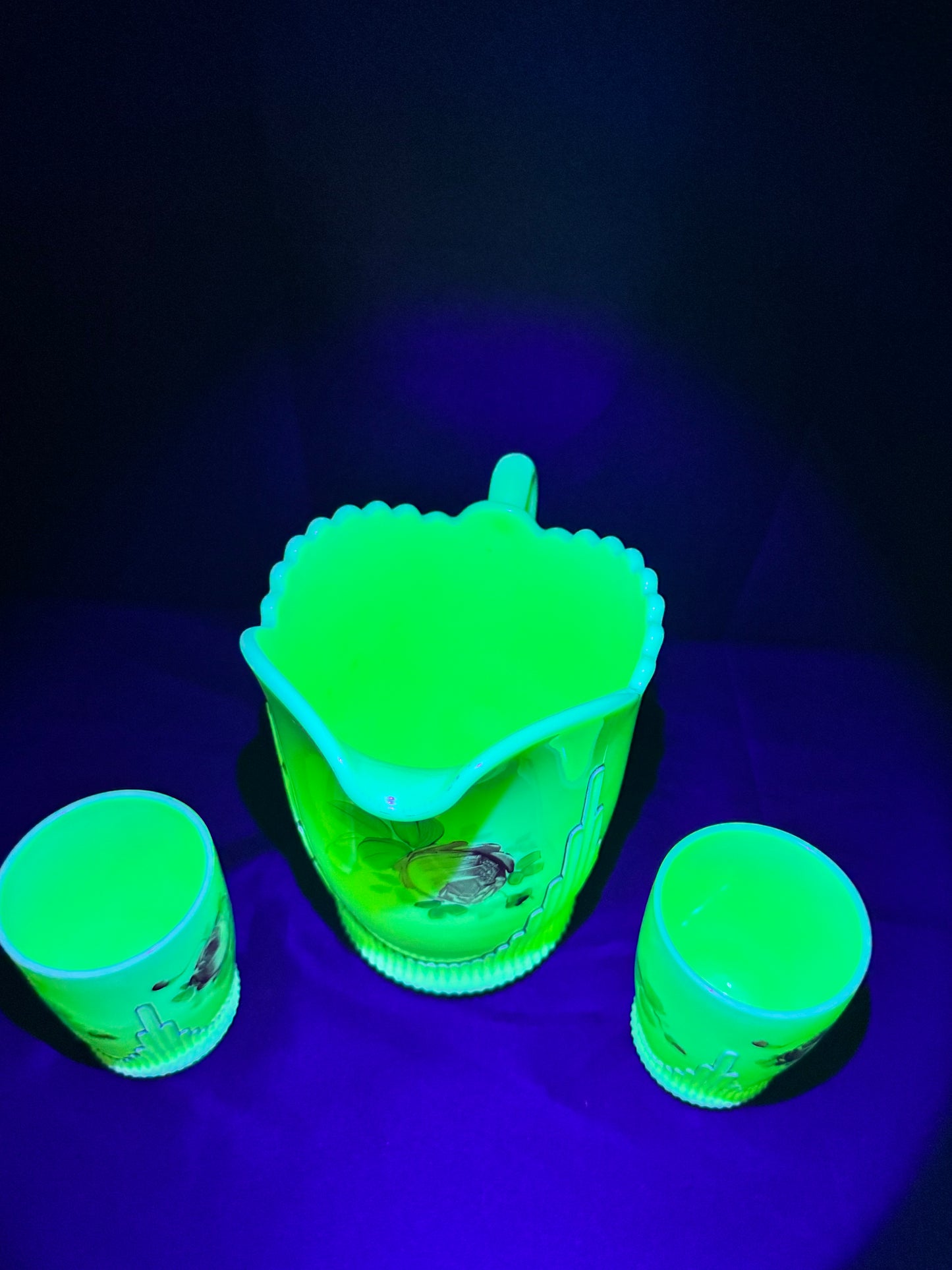 Uranium- EAPG Jefferson Glass Co. Ribbed Draped Pitcher & 2 Tumblers – Custard Glass