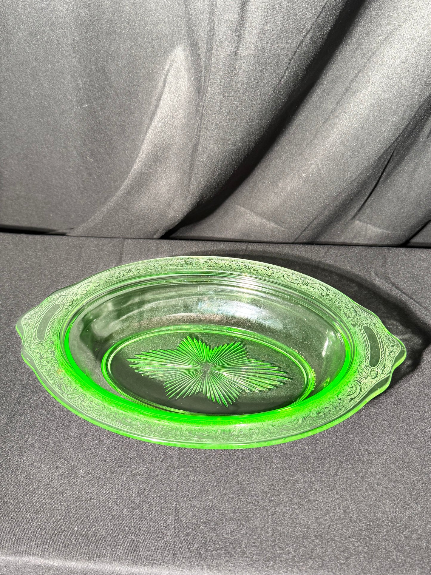 Uranium- Oval Serving Bowl - Etched- Jeanette- Vaseline Glass- vintage