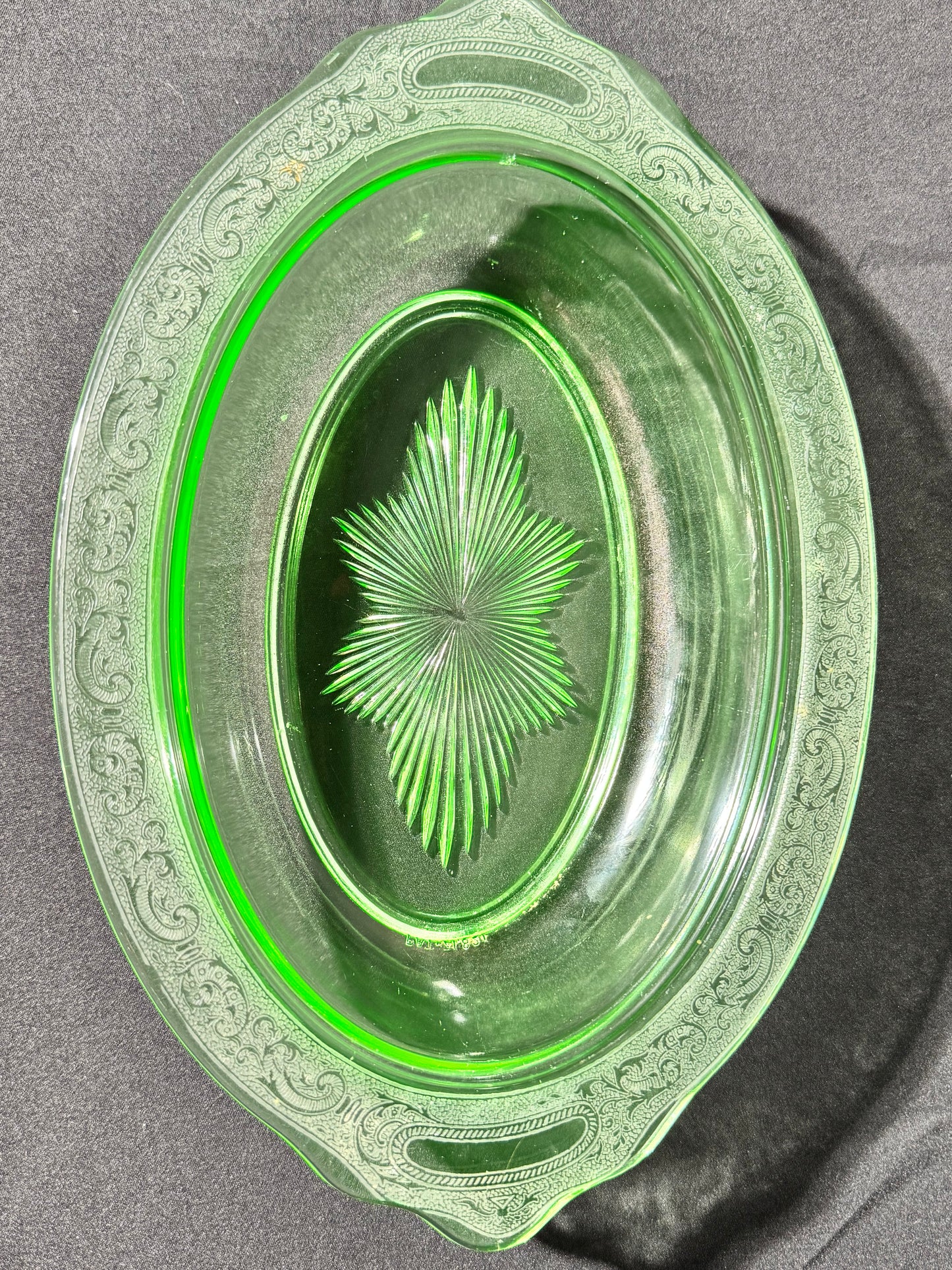 Uranium- Oval Serving Bowl - Etched- Jeanette- Vaseline Glass- vintage