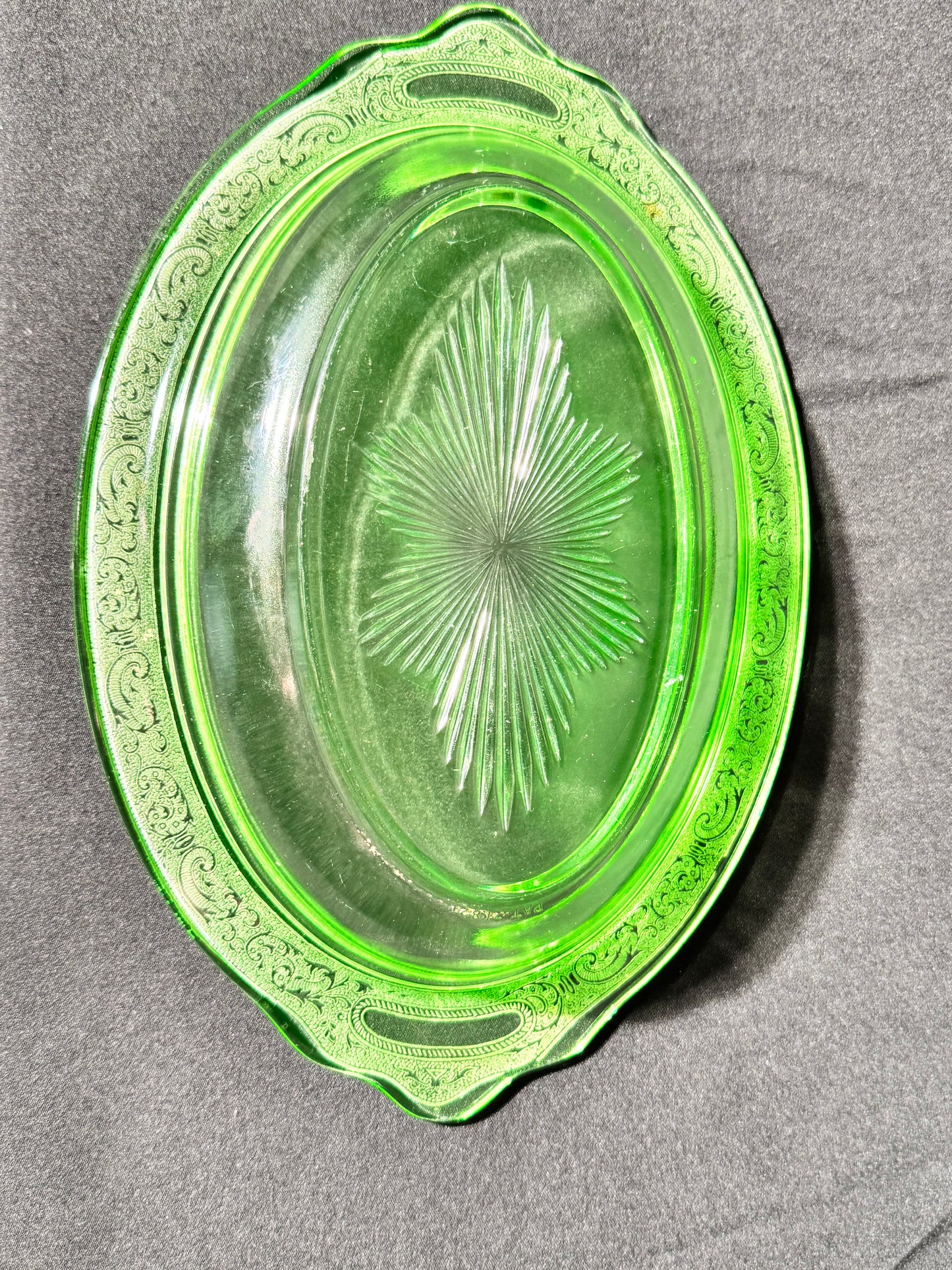 Uranium- Oval Serving Bowl - Etched- Jeanette- Vaseline Glass- vintage