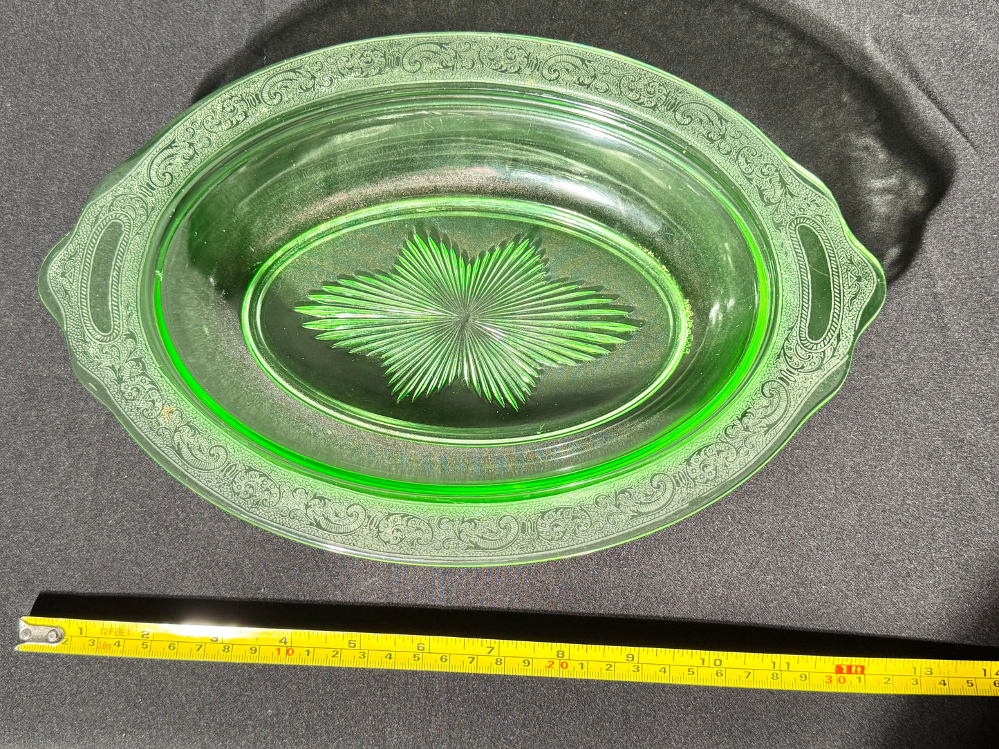 Uranium- Oval Serving Bowl - Etched- Jeanette- Vaseline Glass- vintage