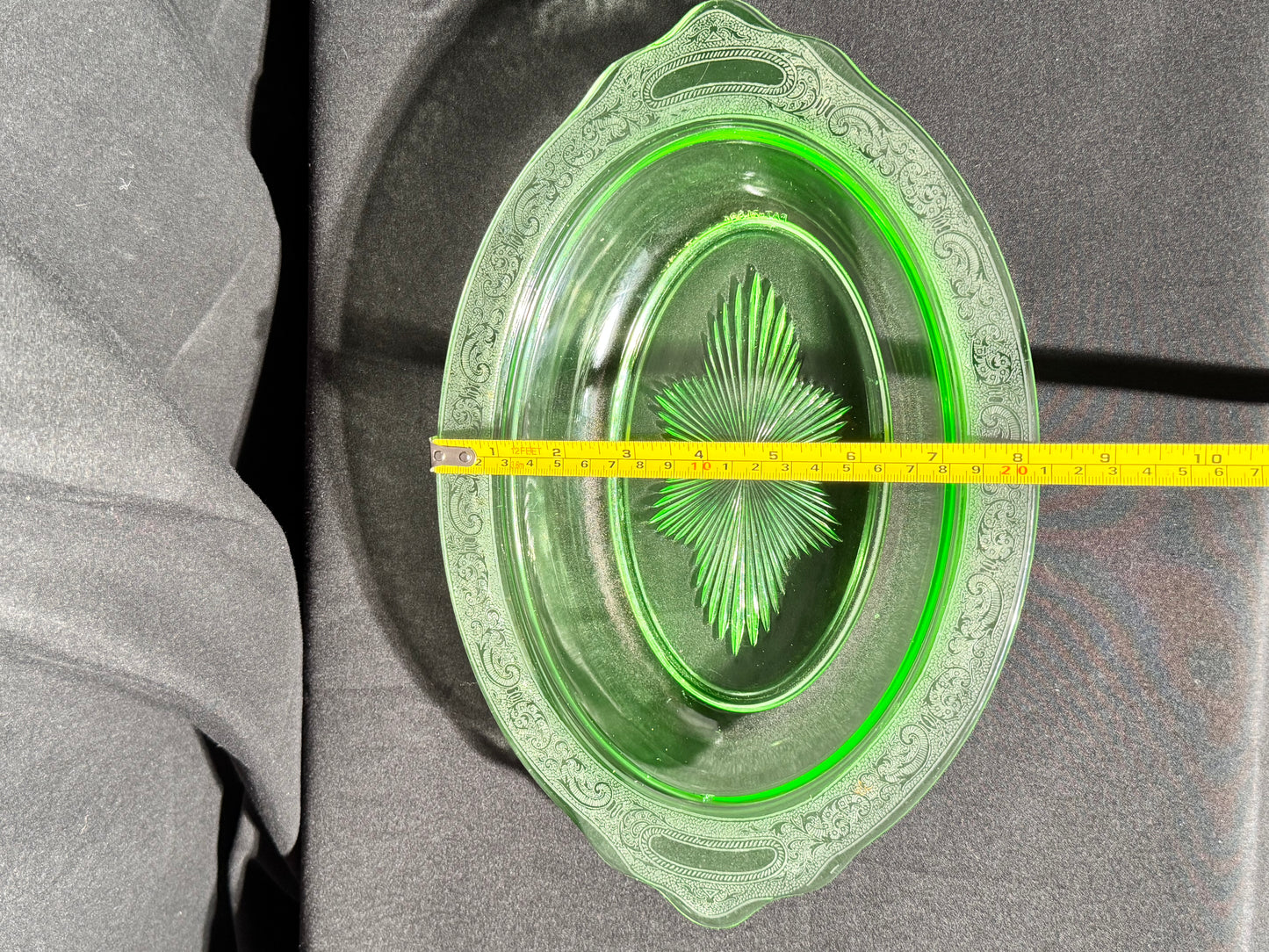 Uranium- Oval Serving Bowl - Etched- Jeanette- Vaseline Glass- vintage