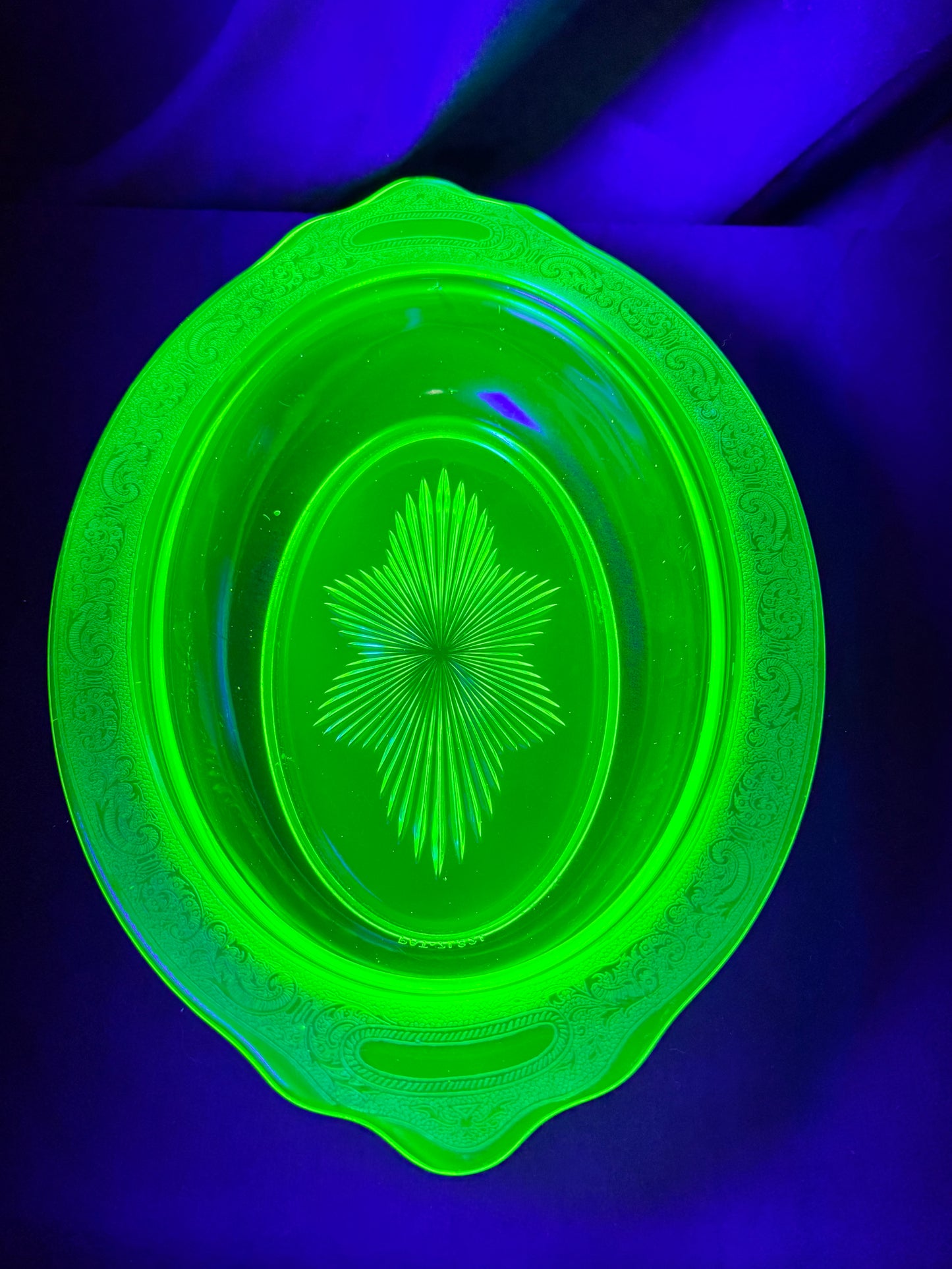 Uranium- Oval Serving Bowl - Etched- Jeanette- Vaseline Glass- vintage
